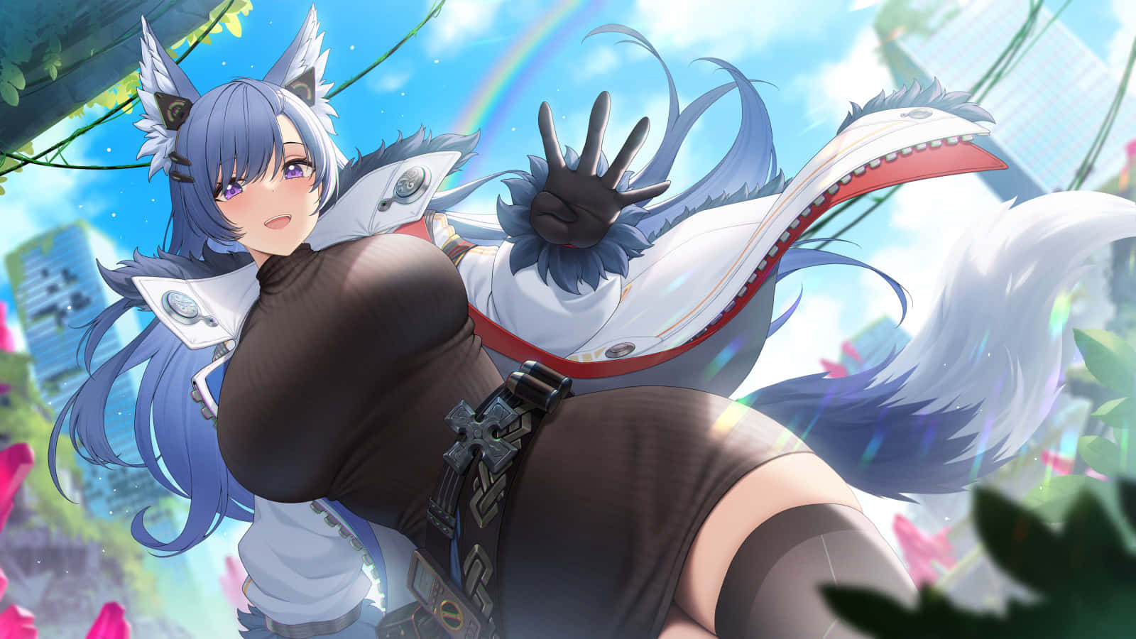 Anime Fox Girl Peace Sign Background