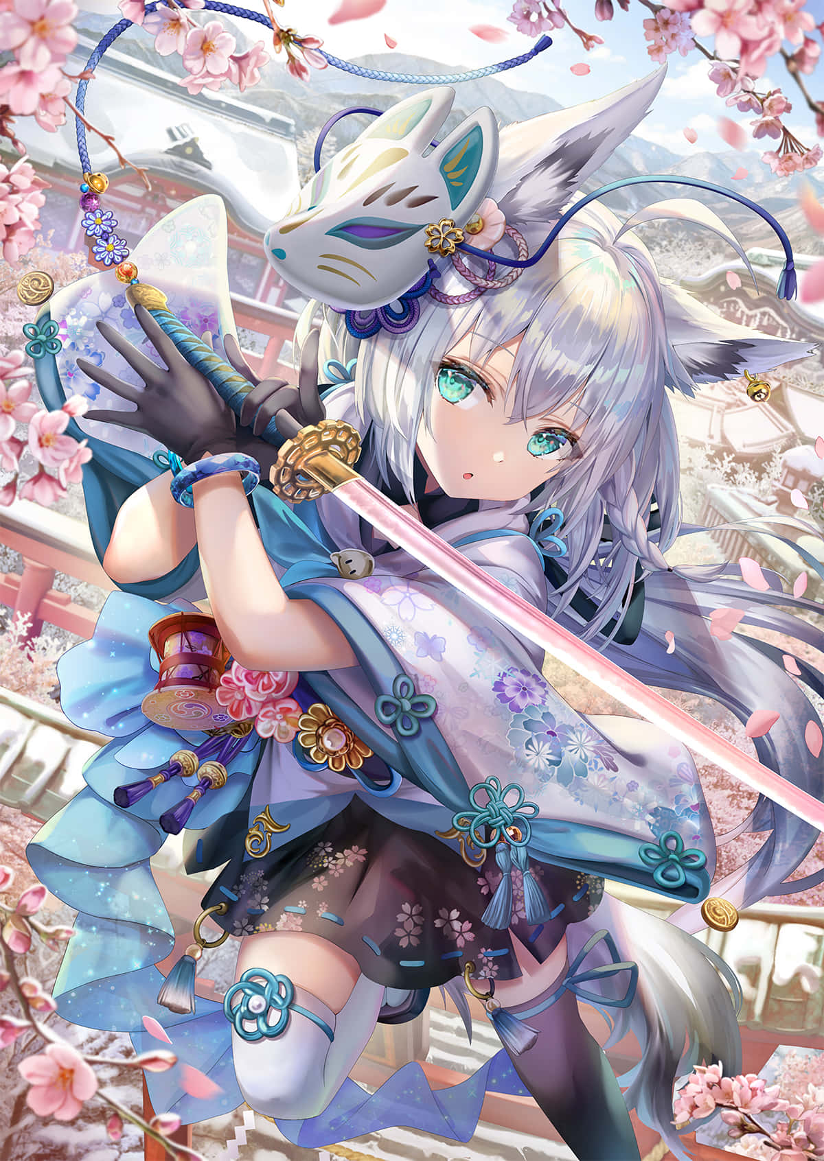Anime Fox Girl Samurai Cherry Blossoms Background