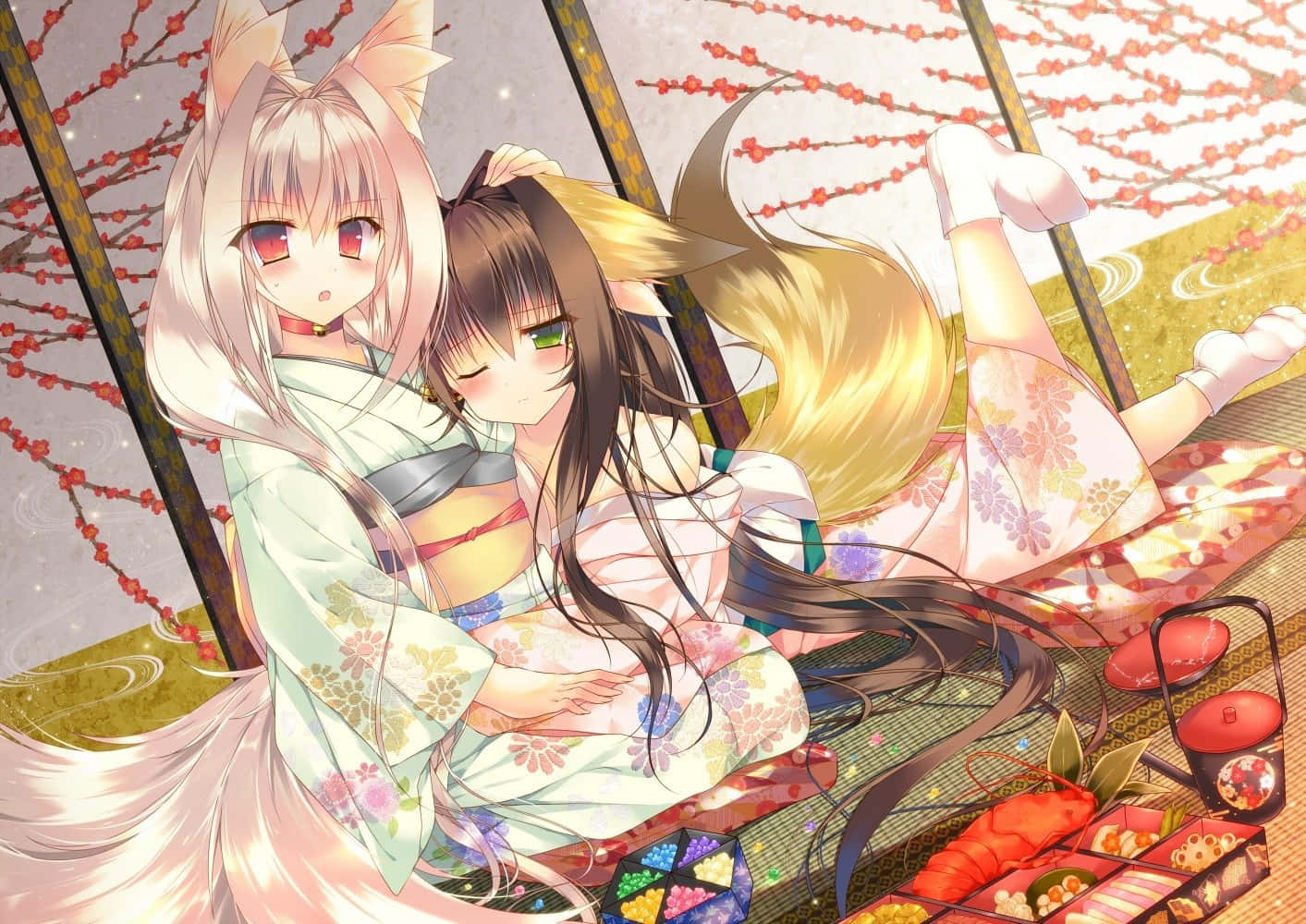 Anime Fox Girls Enjoying Hanami Background