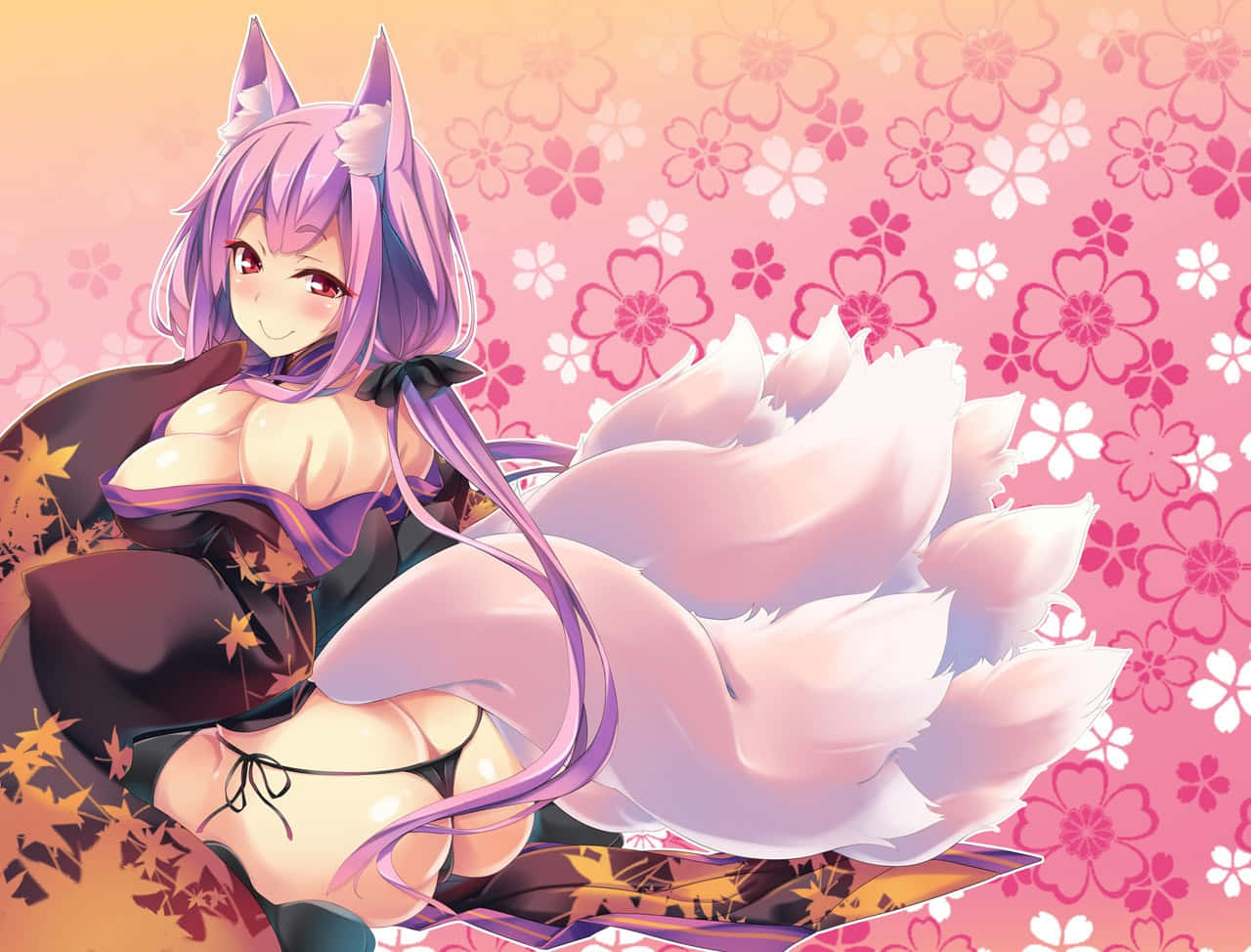 Anime Fox Girlwith Purple Hairand Tails