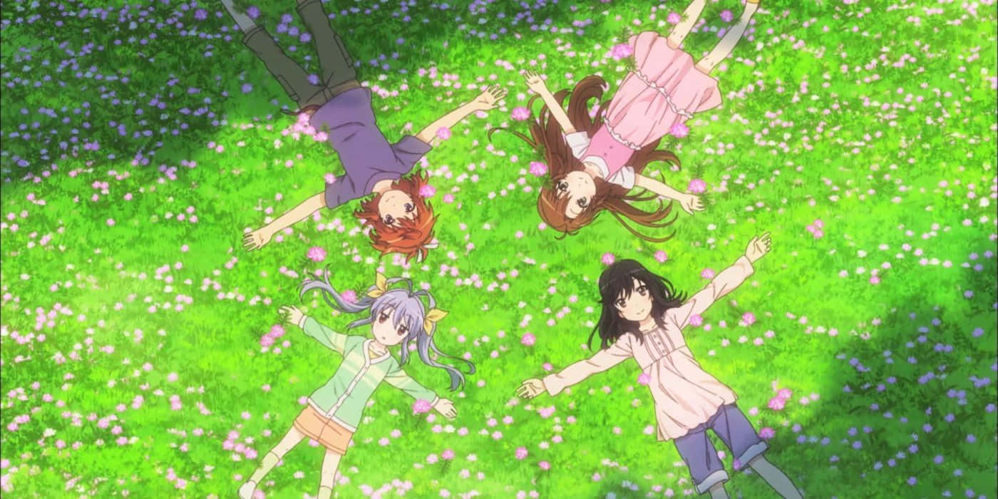 Anime Friends Enjoying Springtime Background