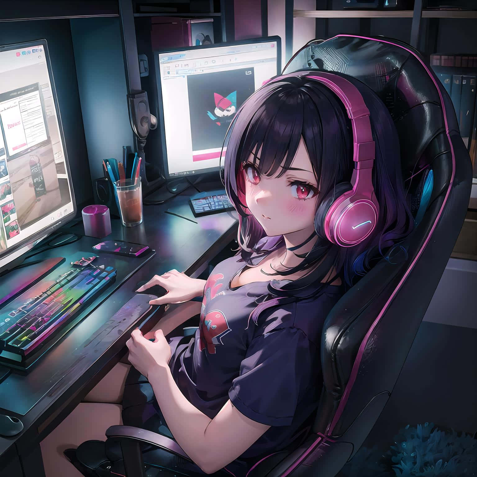 Anime Gamer Girlin Illuminated Room Background