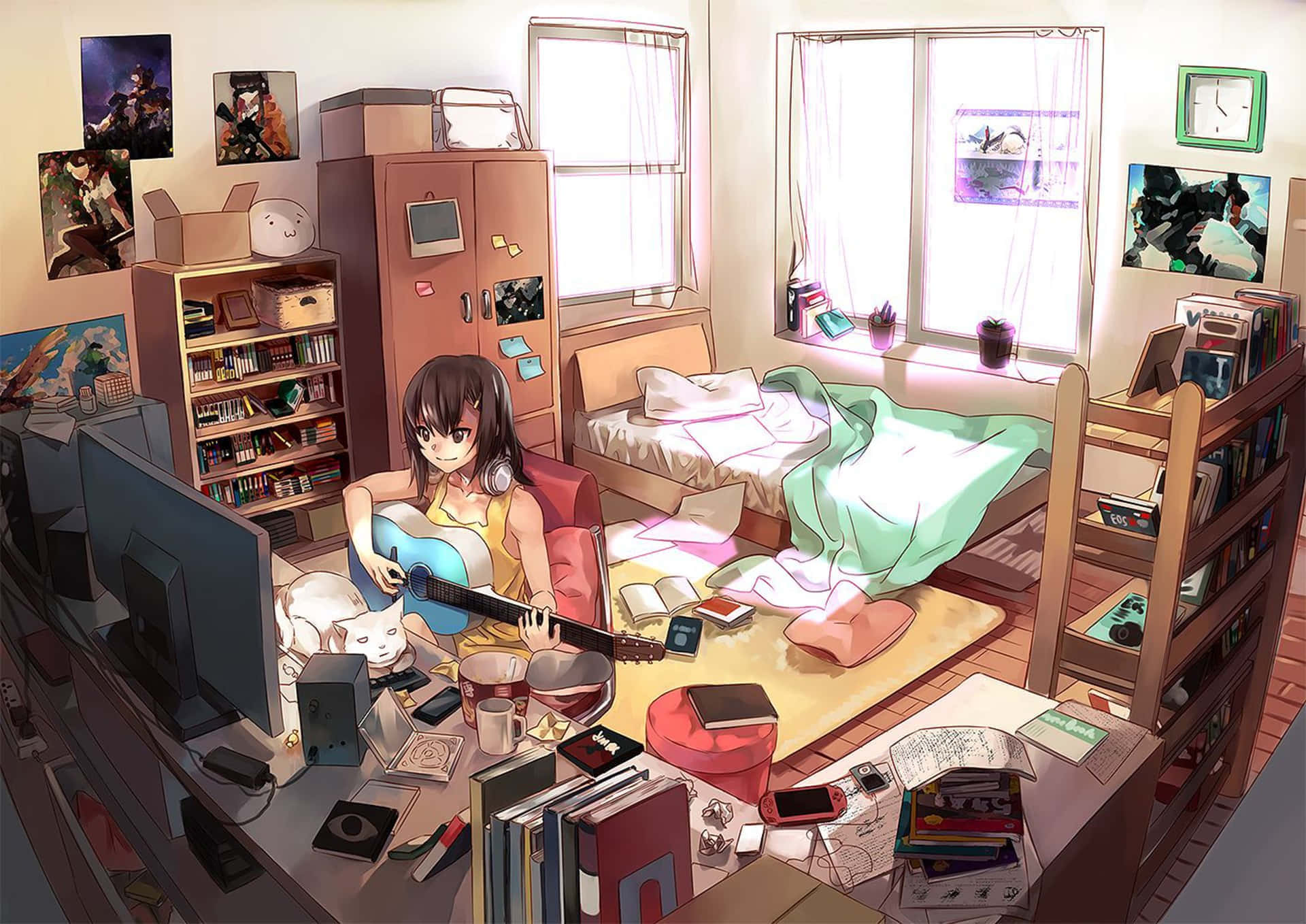 Anime Gamer Roomwith Guitar Session Background