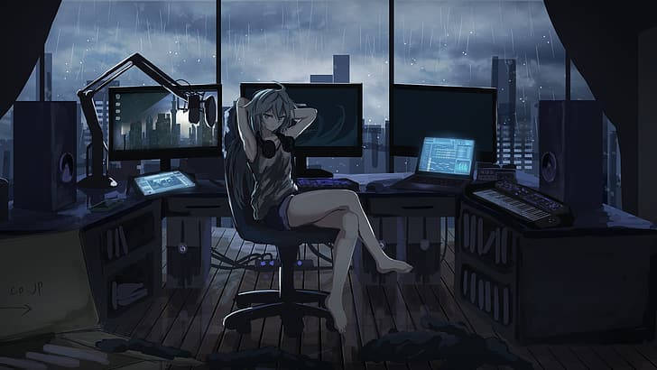 Anime Girl And Multiple Laptops