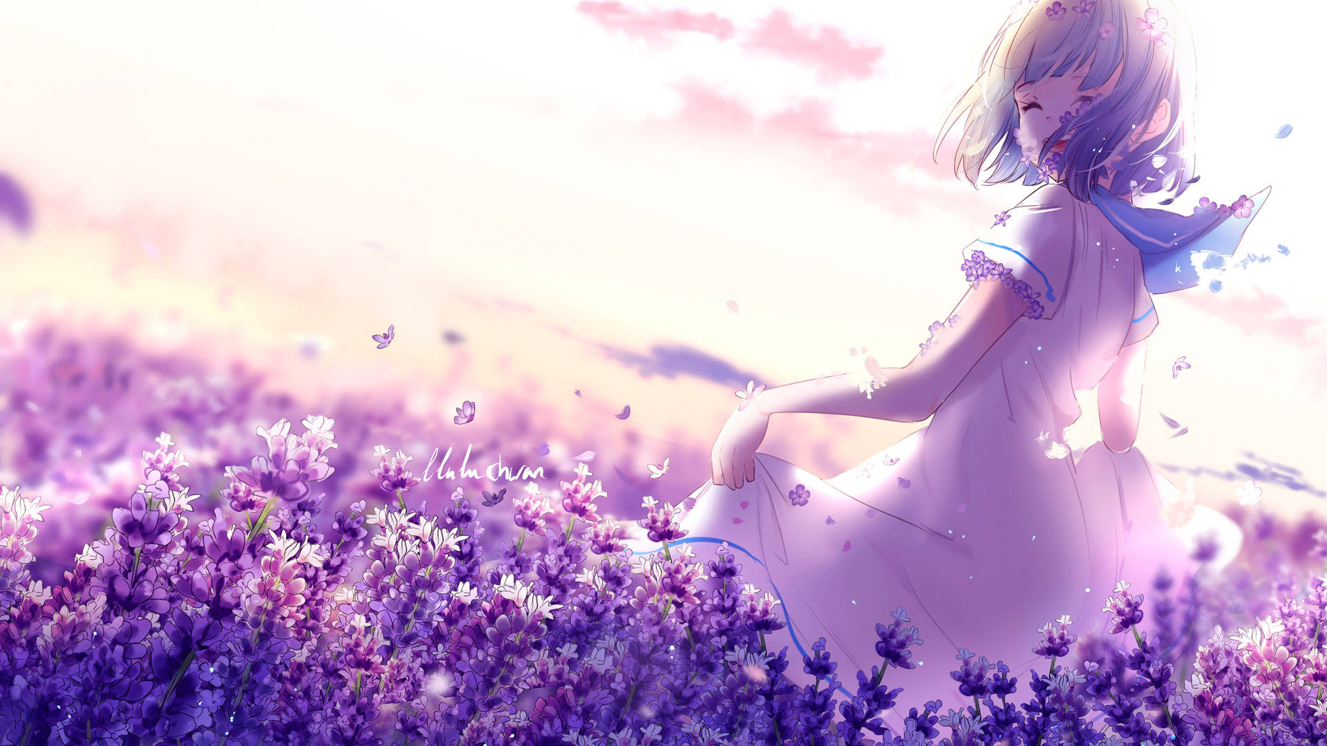 Anime Girl And Purple Flower Field Background