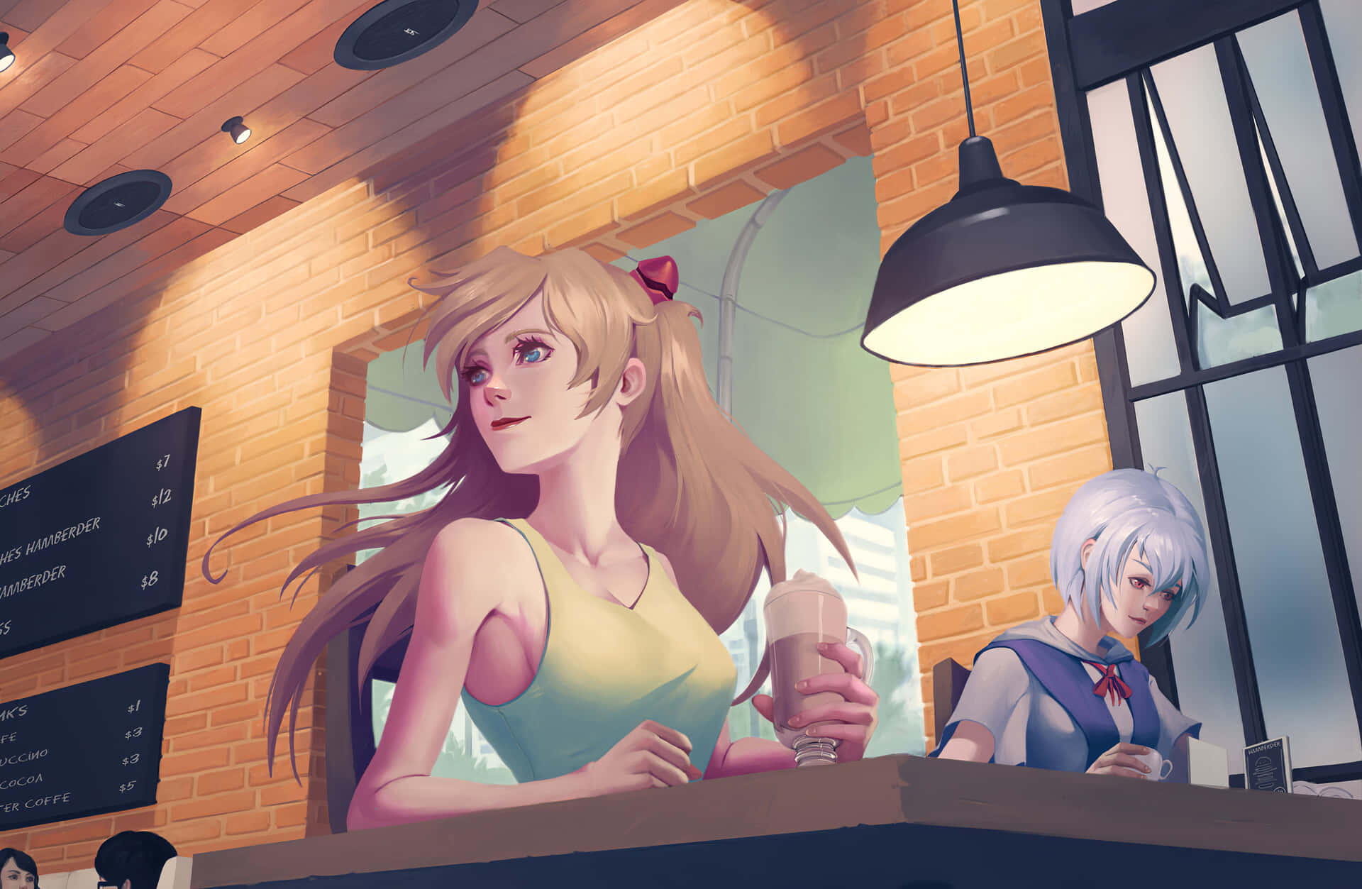 Anime Girl At Cafe Background