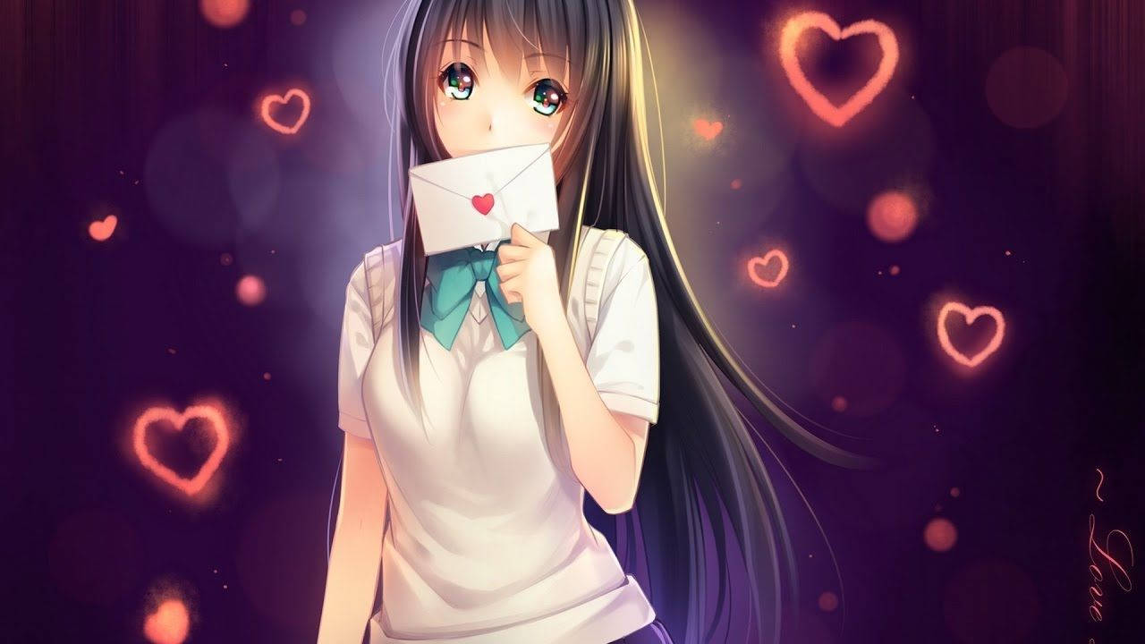 Anime Girl Biting Love Letter Background