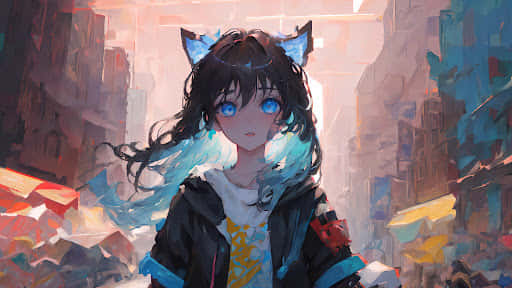 Anime Girl Blue Eyes Cat Ears Urban Backdrop.jpg Background