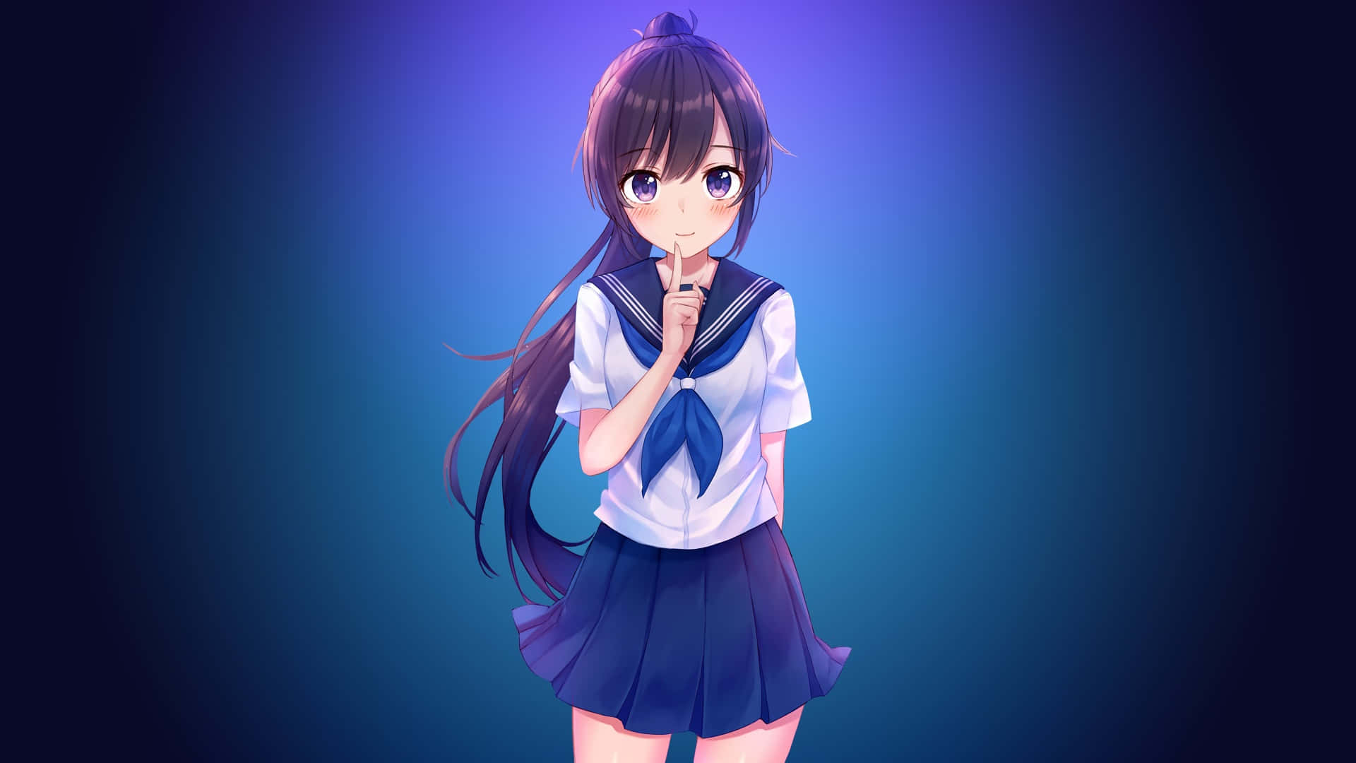 Anime Girl Blue Uniform Thoughtful Pose Background