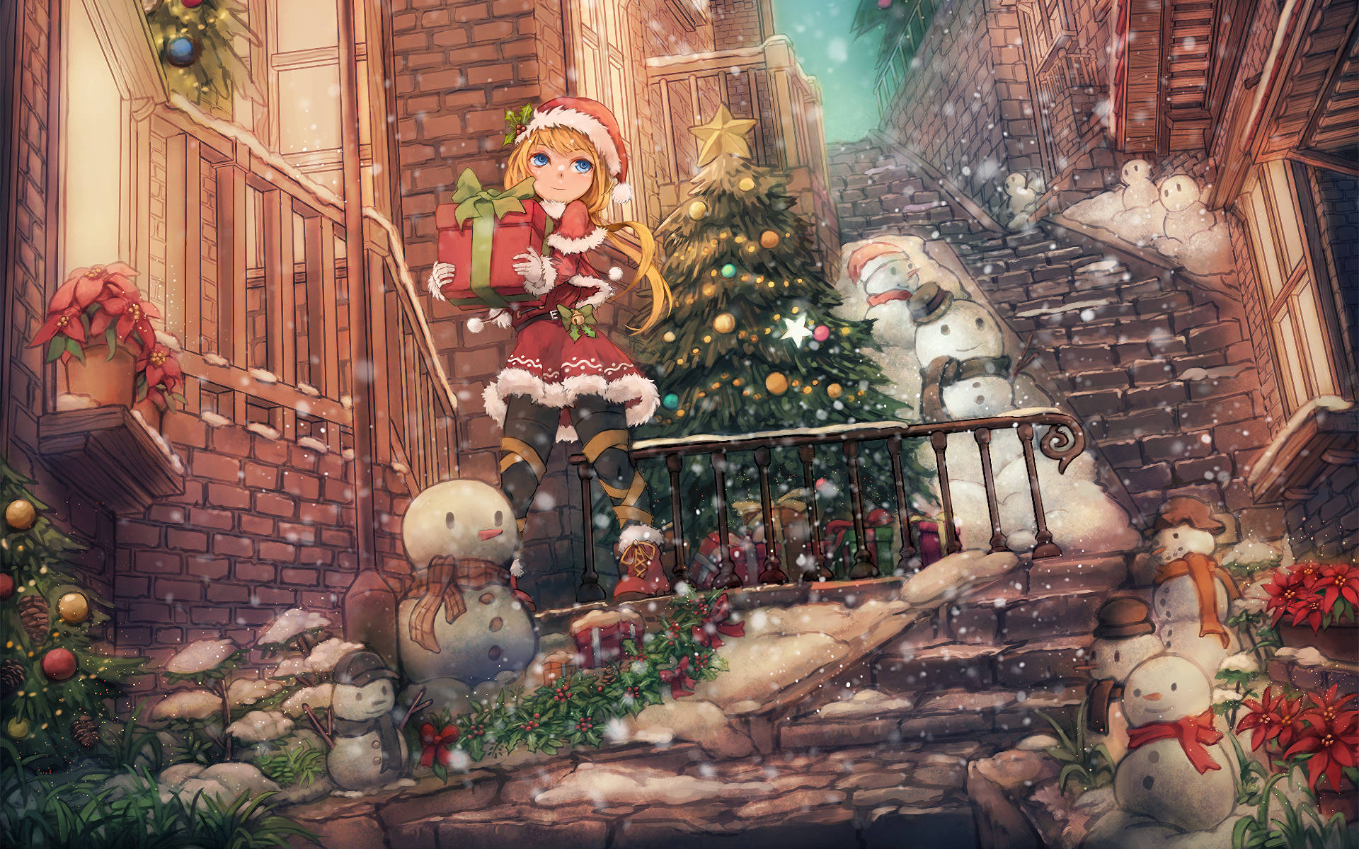 Anime Girl Christmas With Cobblestone Stairs