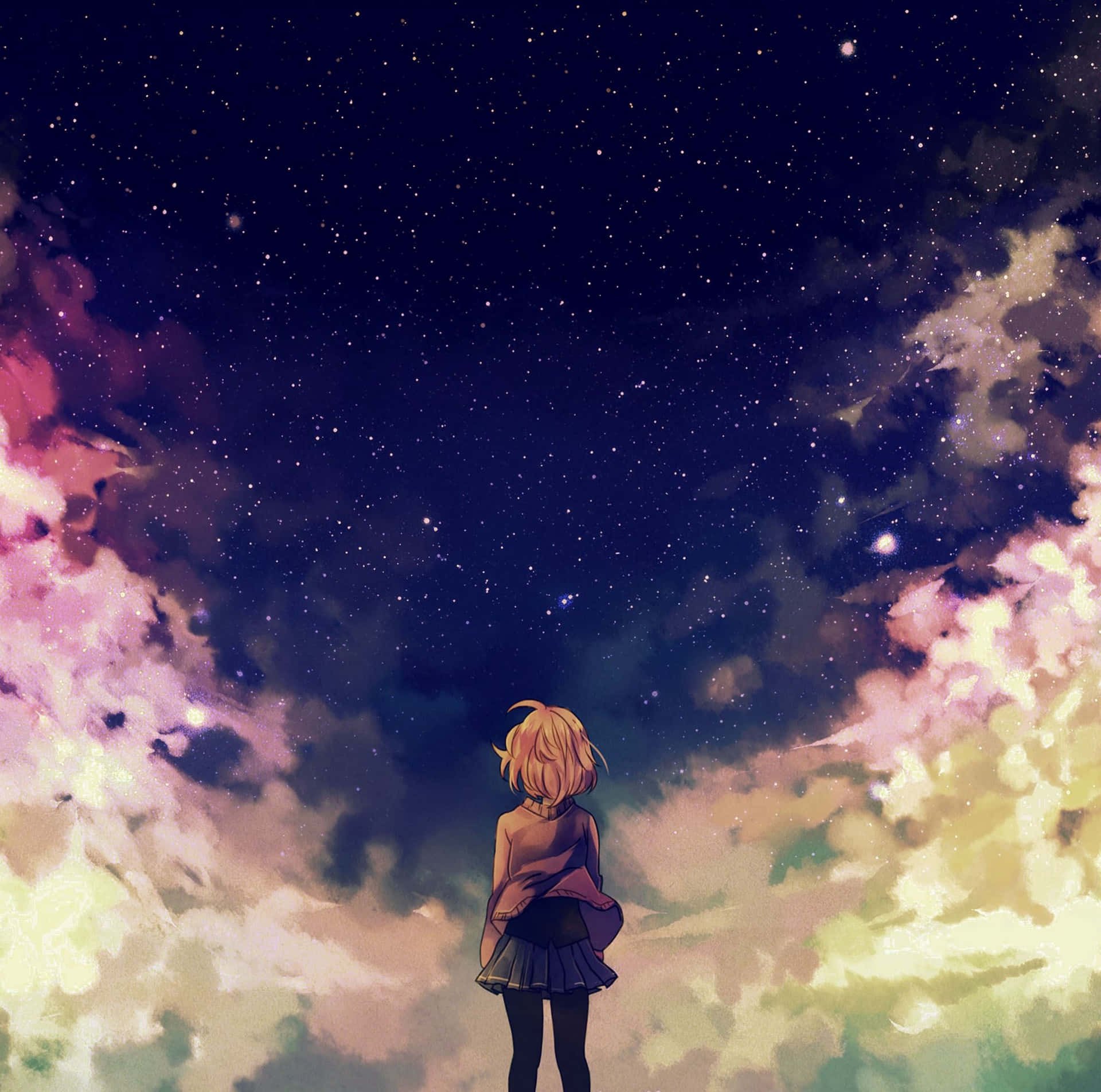 Anime Girl Colorful Cloudy Skies Ipad Background