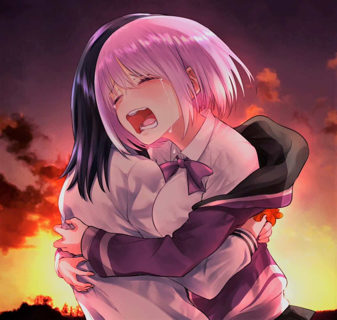 Anime Girl Crying Against Sunset Background