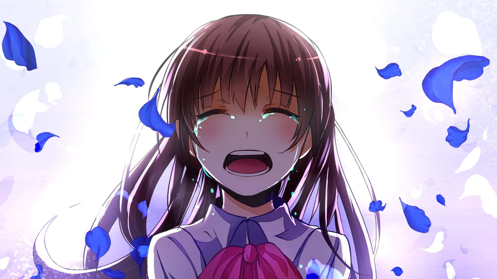 Anime Girl Crying Blue Petals Background