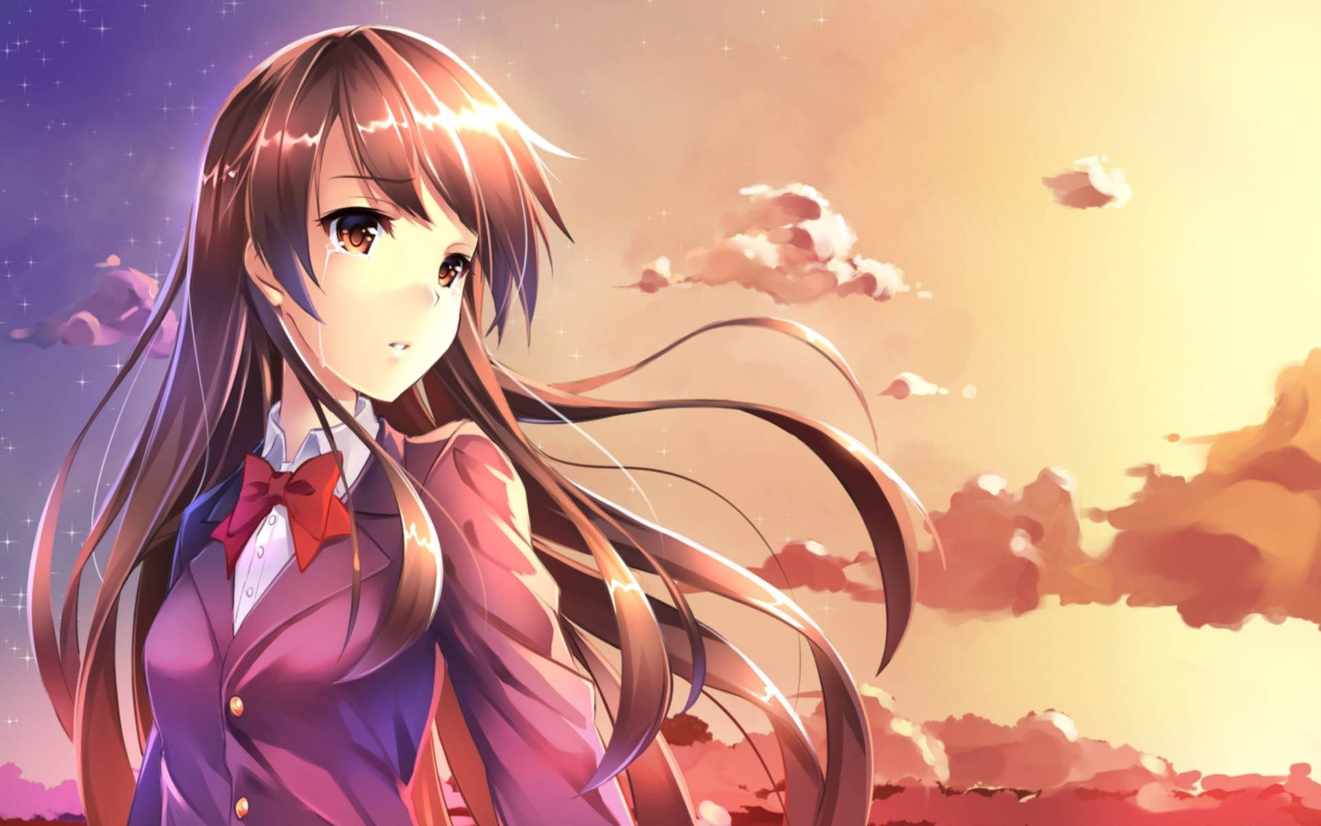 Anime Girl Crying Durimg Sunset Background