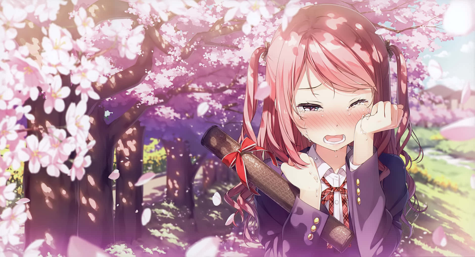 Anime Girl Crying Under Cherry Blossoms Background