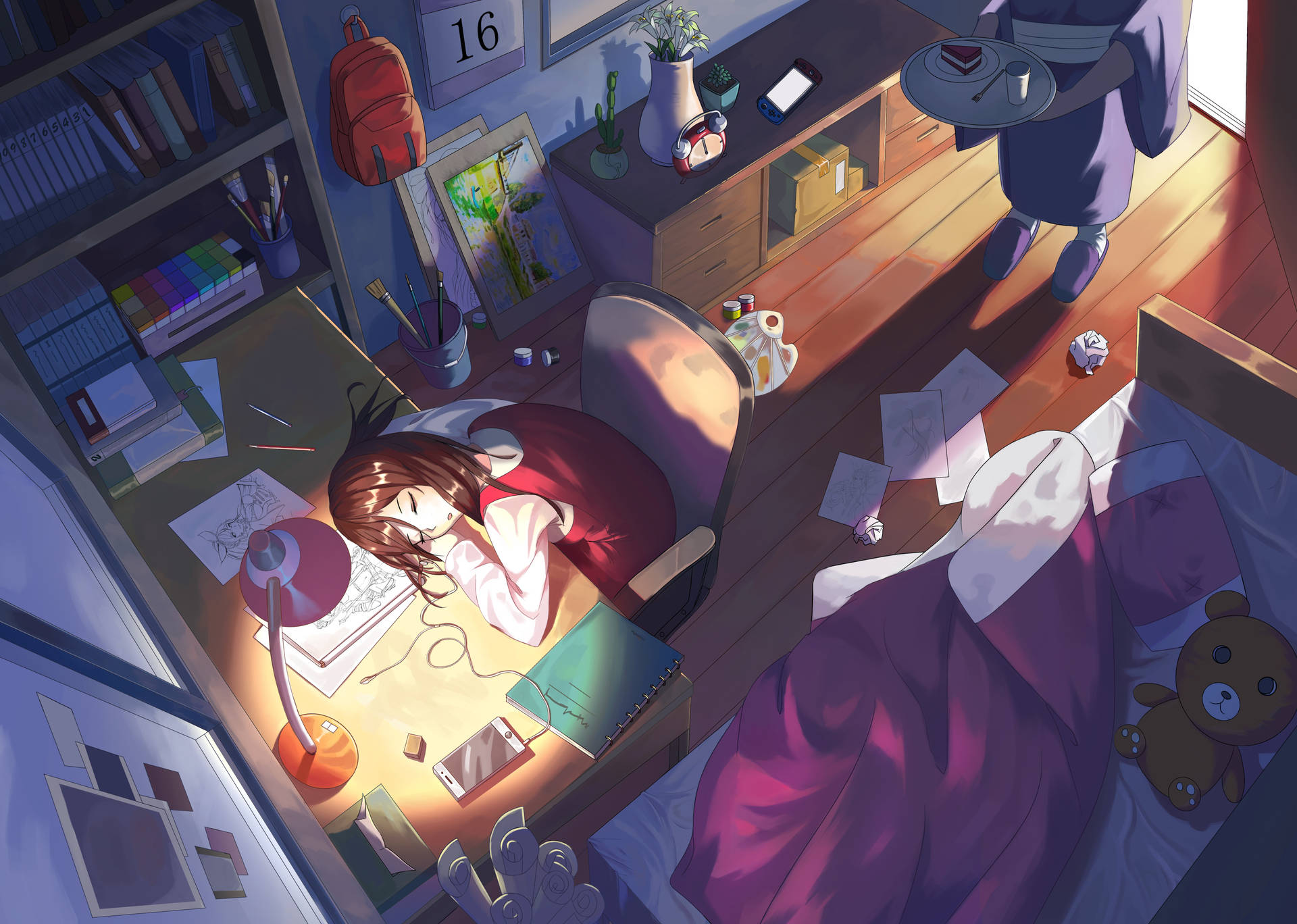 Anime Girl Dozing Off At Her Desk In Her Bedroom Background