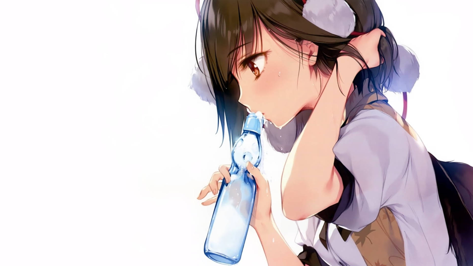 Anime Girl Drinking Water From Bottle Background