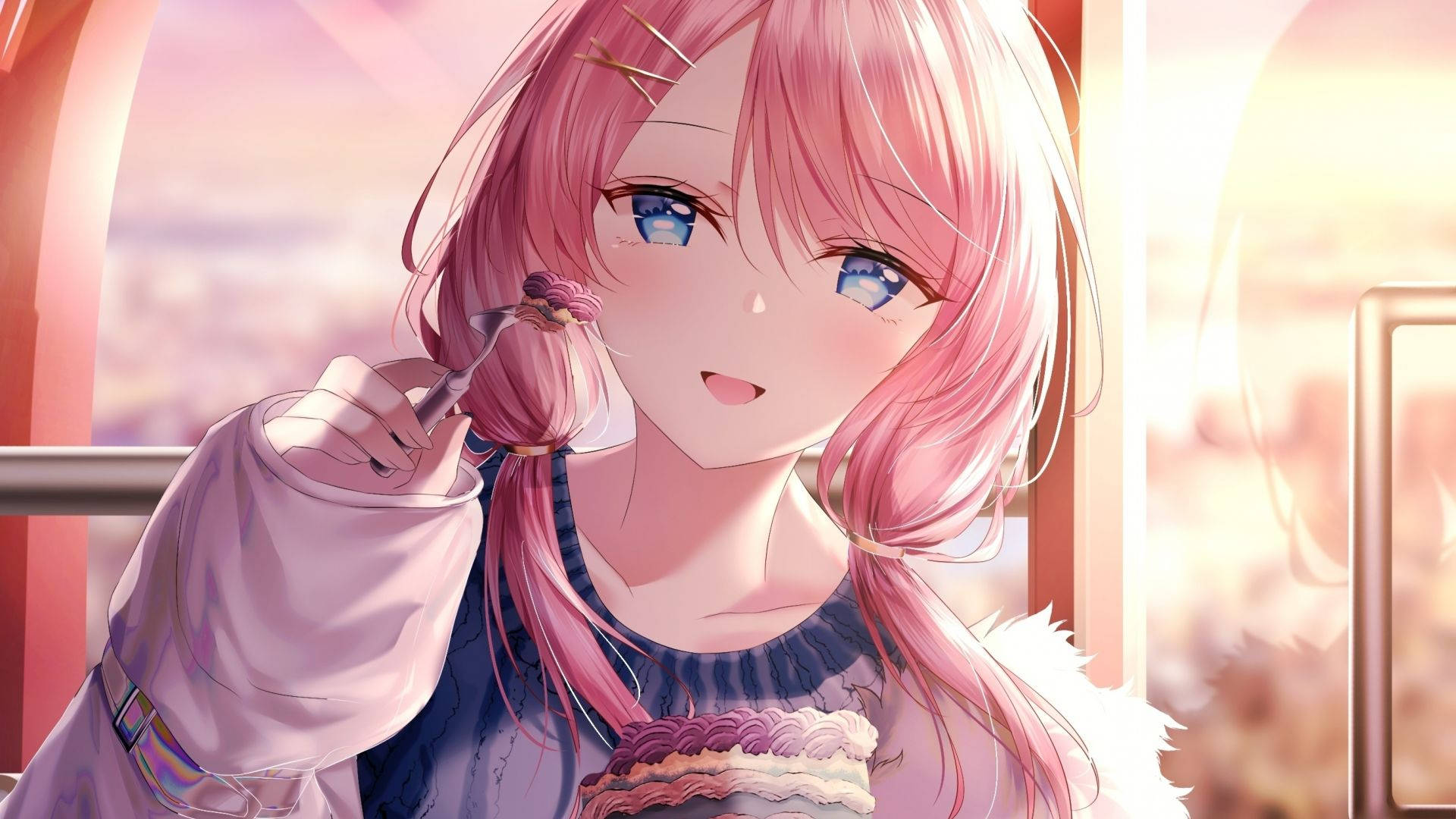 Anime Girl Eating Cake Background