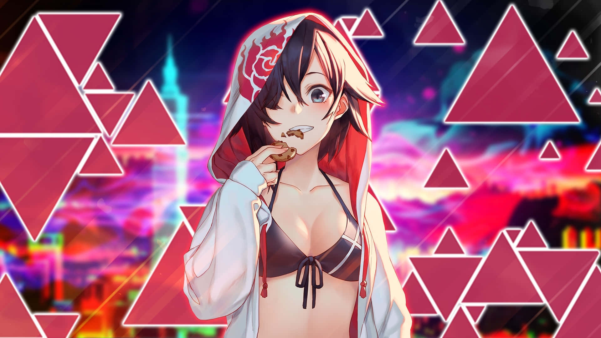 Anime Girl Eating Cookie Neon City Background2560x1440 Background