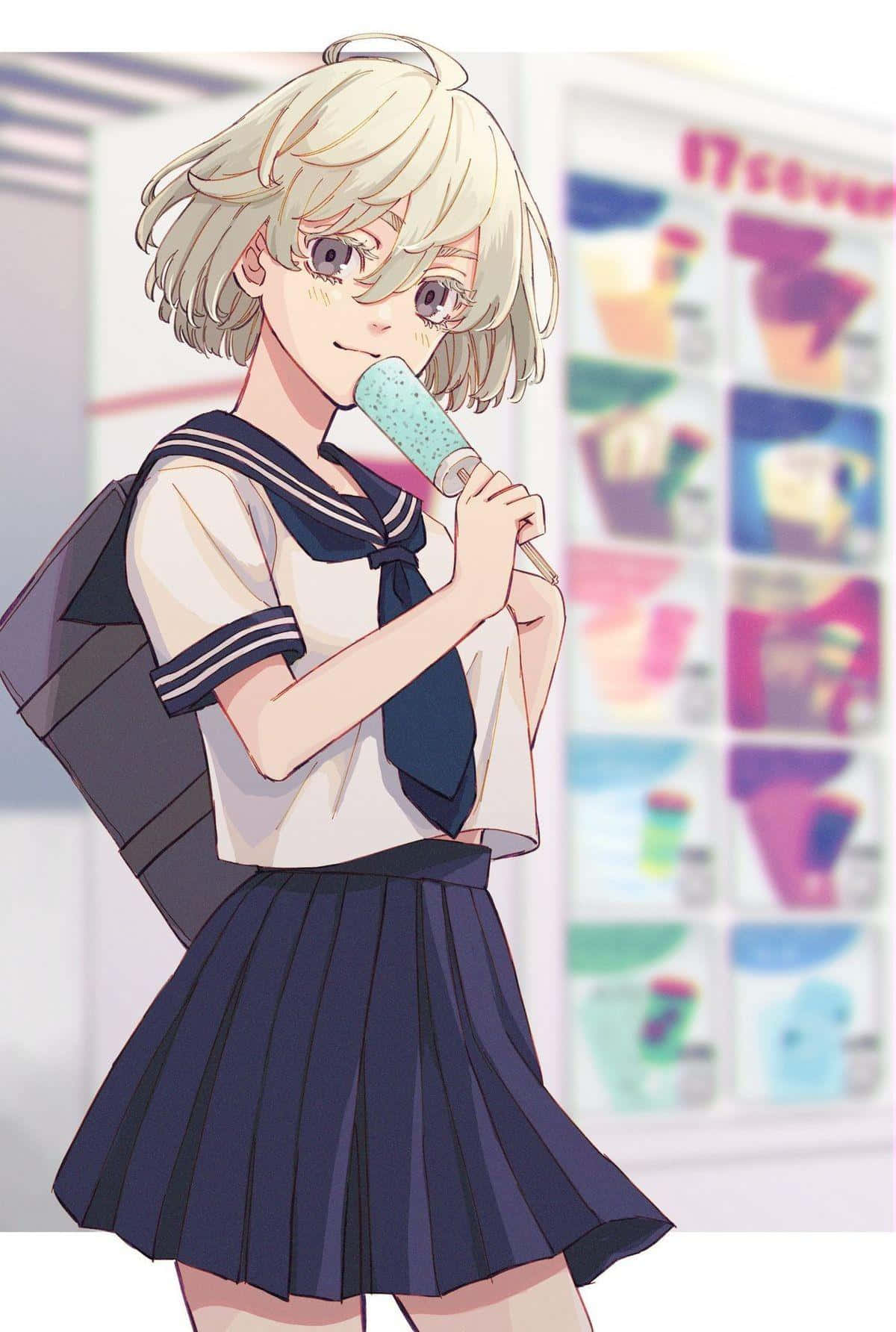 Anime Girl Eating Ice Cream Background