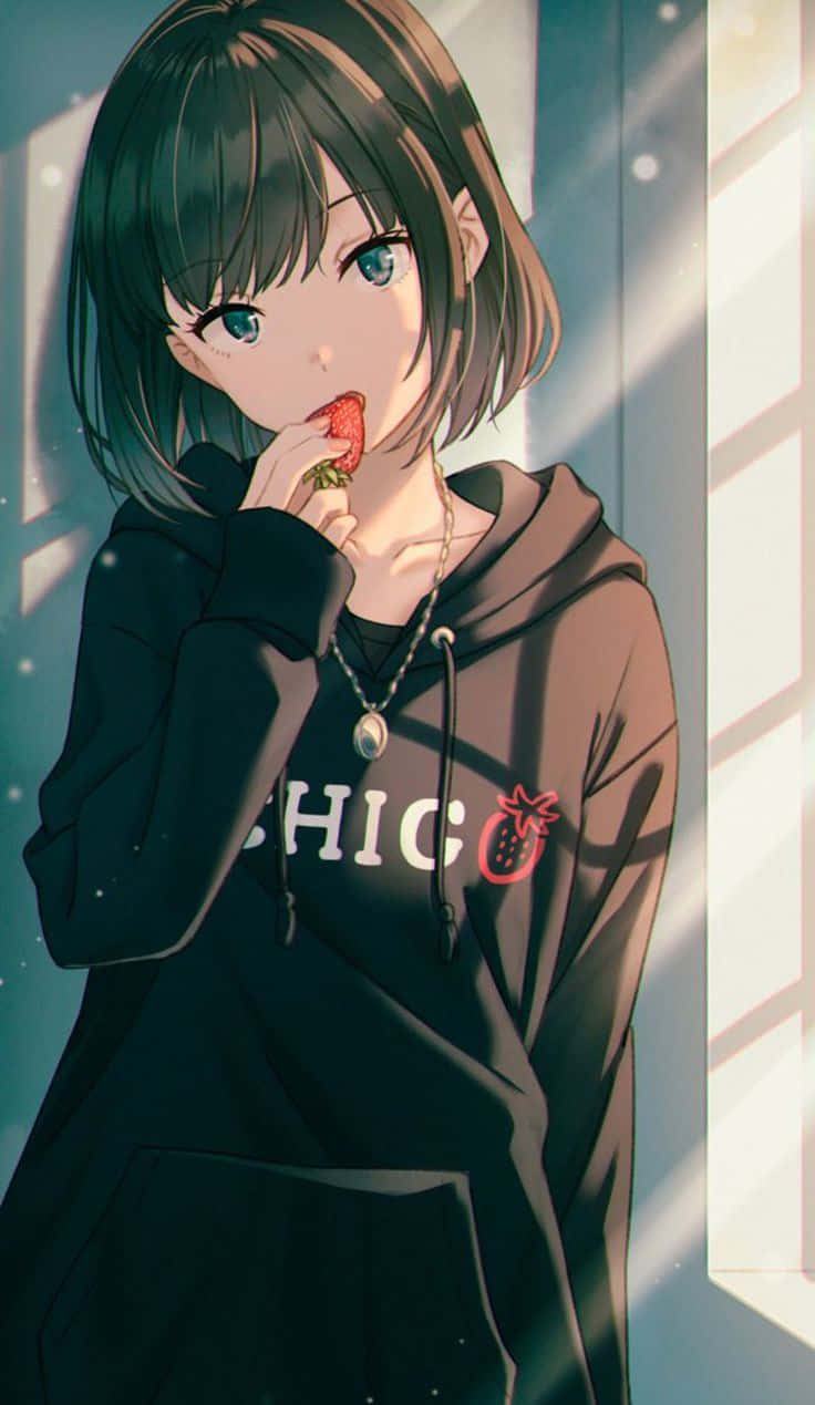 Anime Girl Eating Strawberry Sunlit Room