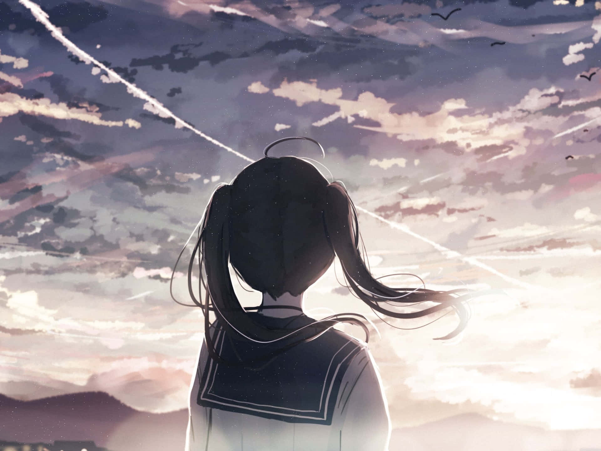 Anime Girl Gazingat Sunset Sky Background