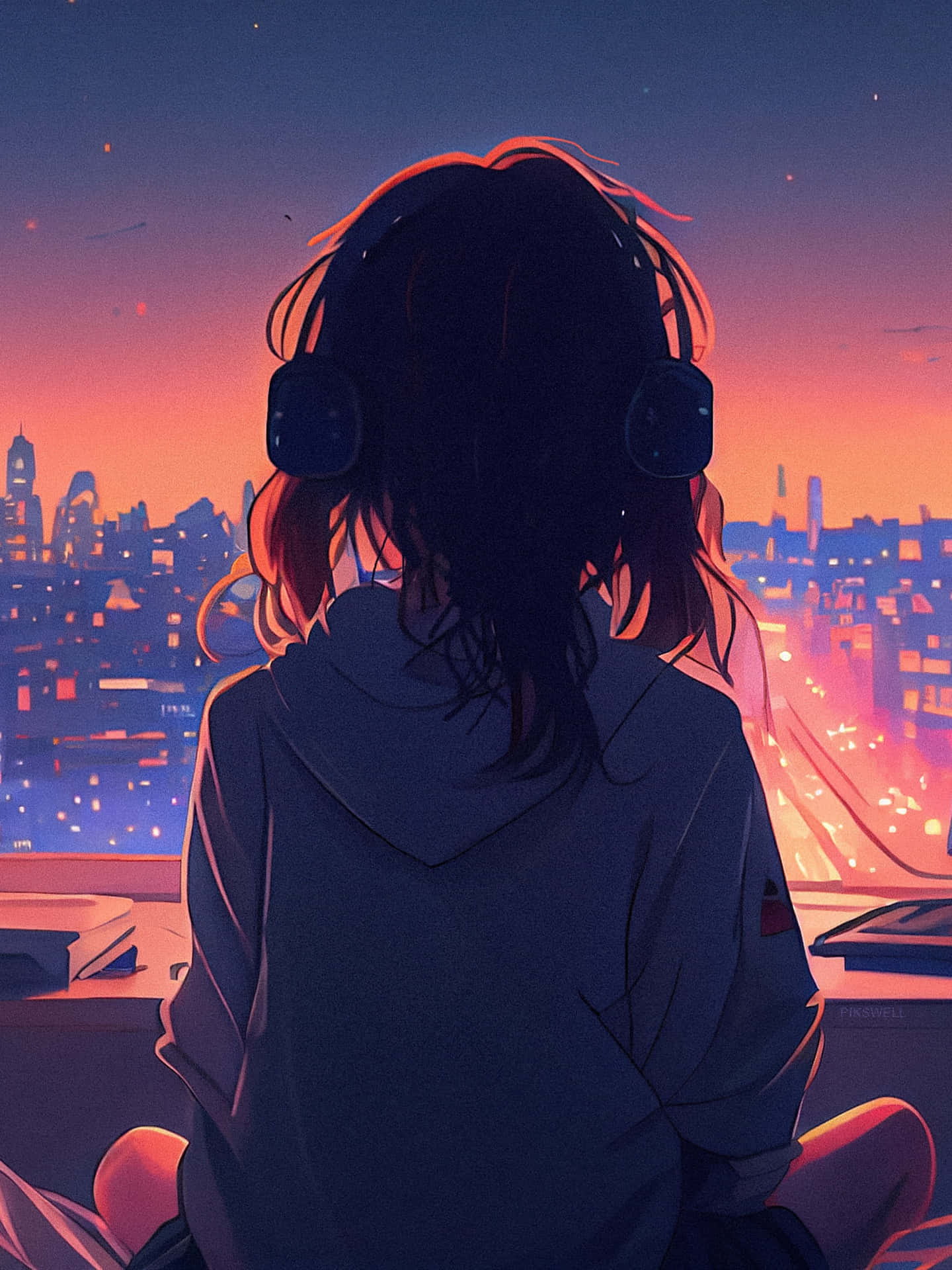 Anime Girl Headphones Cityscape Twilight Background