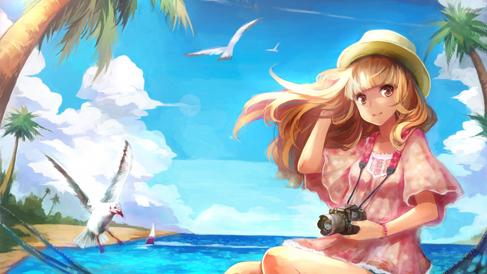 Anime Girl In Beach Vacation Background