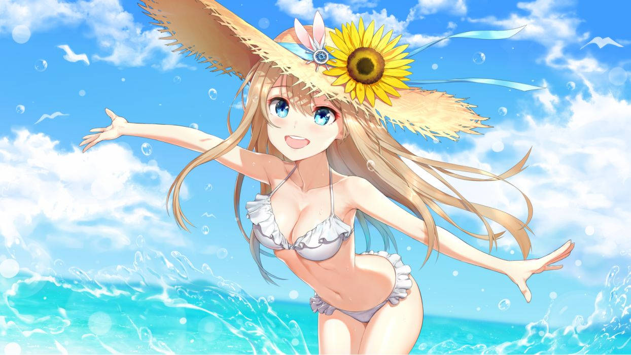 Anime Girl In Bikini And Sunhat Background