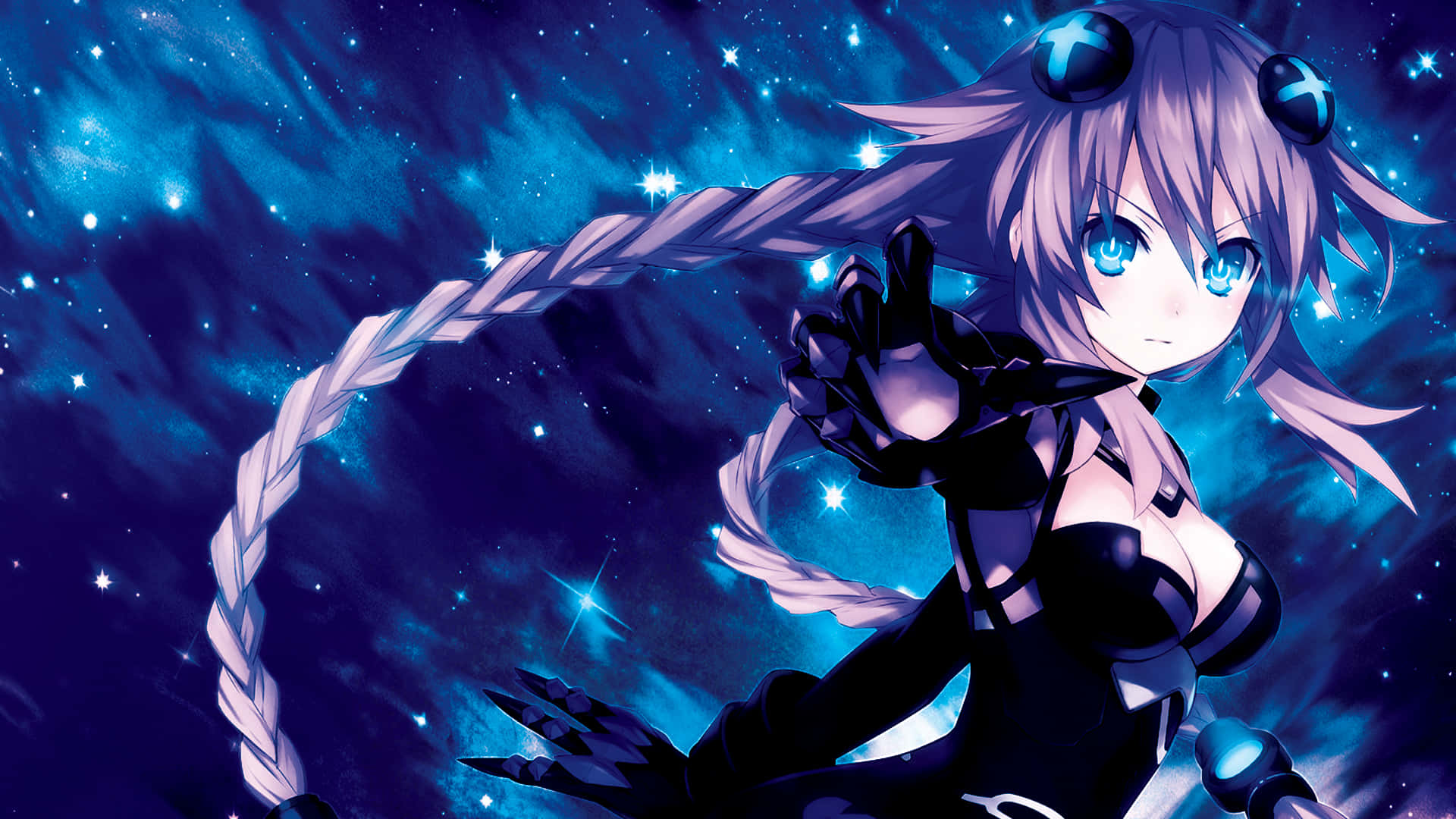 Anime Girl In Black And Blue With Blue Eyes Background