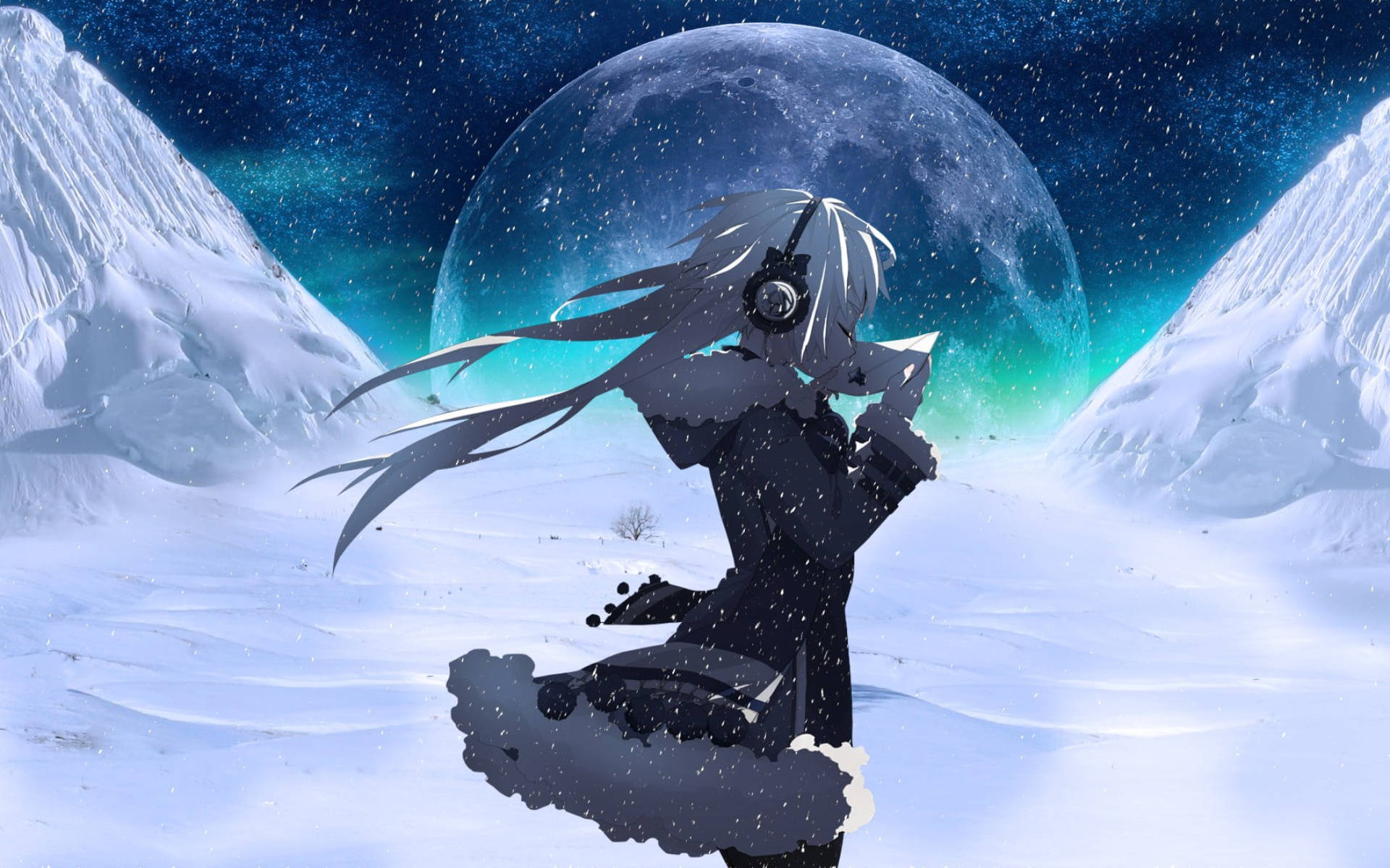 Anime Girl In Galaxy Moon Background