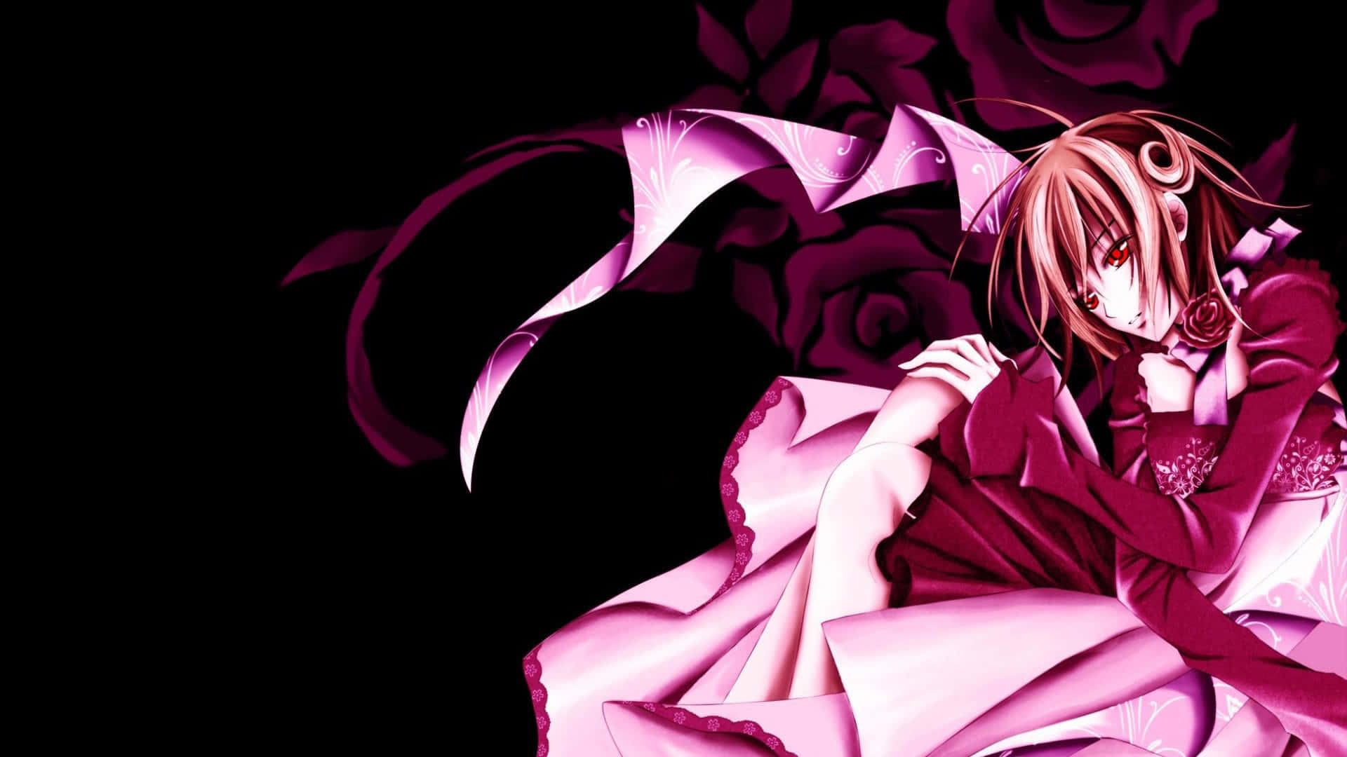 Anime Girl In Pink Dress Sitting On A Black Background Background