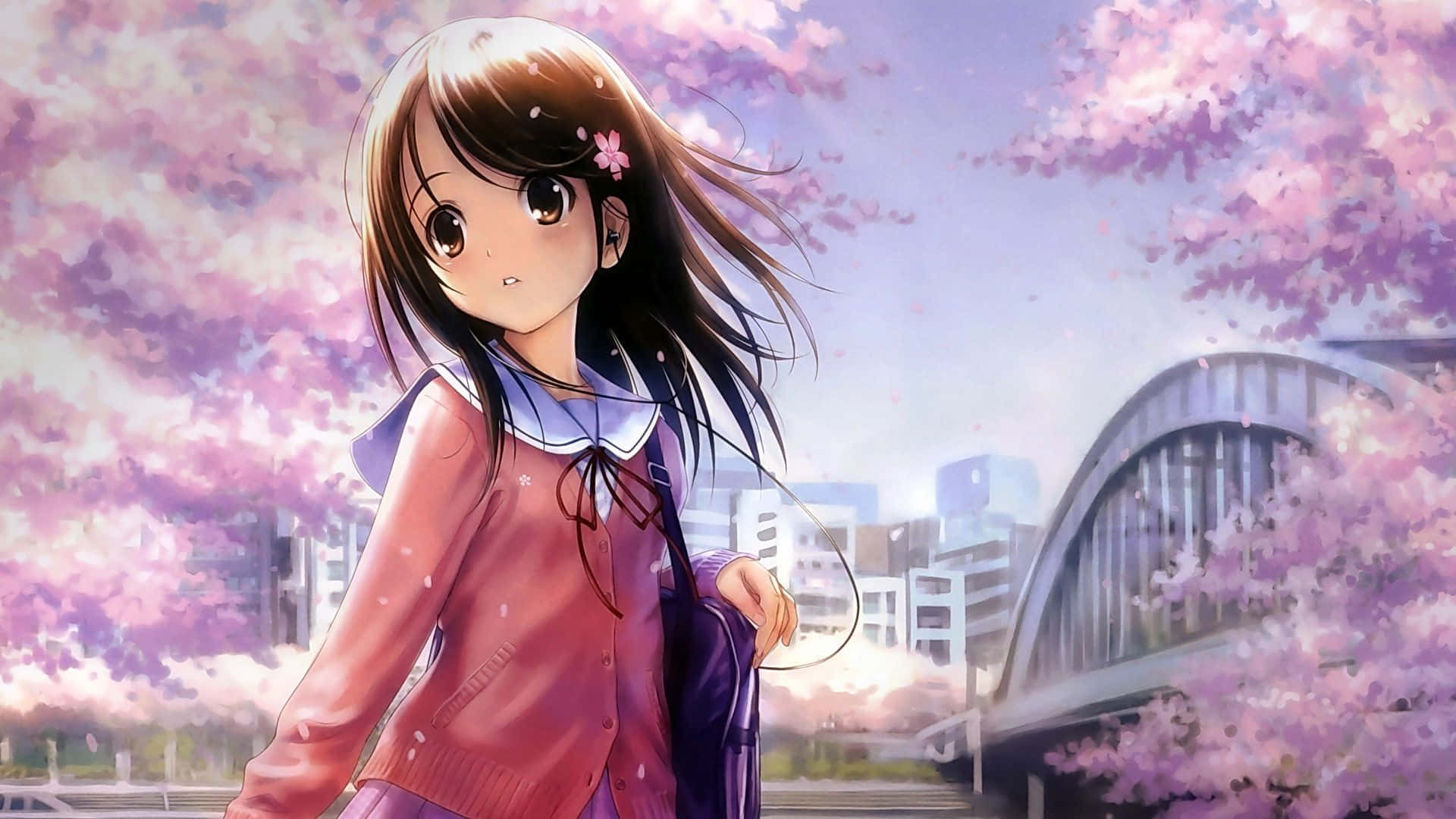 Anime Girl In Pink Dress Walking Through Cherry Blossoms