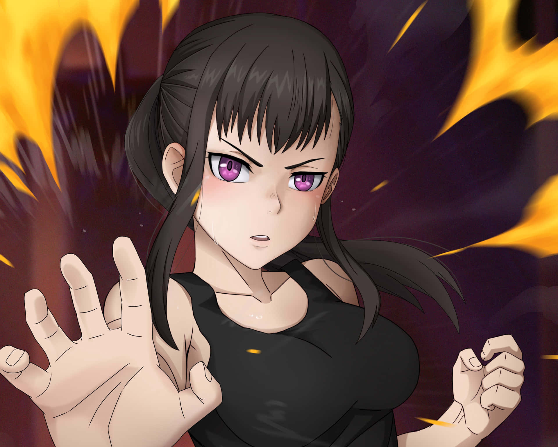 Anime Girl In Ponytail With Fire Background