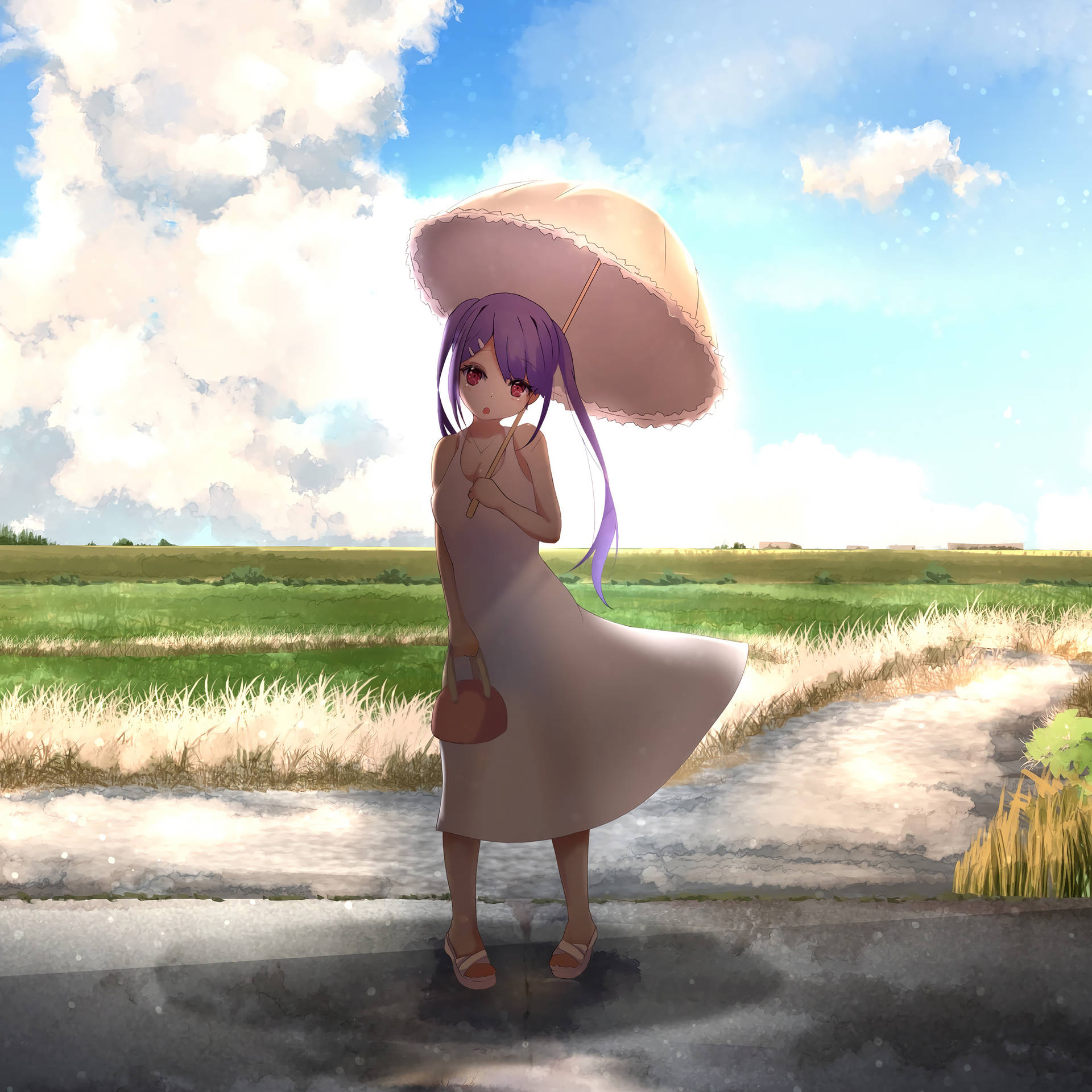Anime Girl In Sundress On Ipad Screen Background