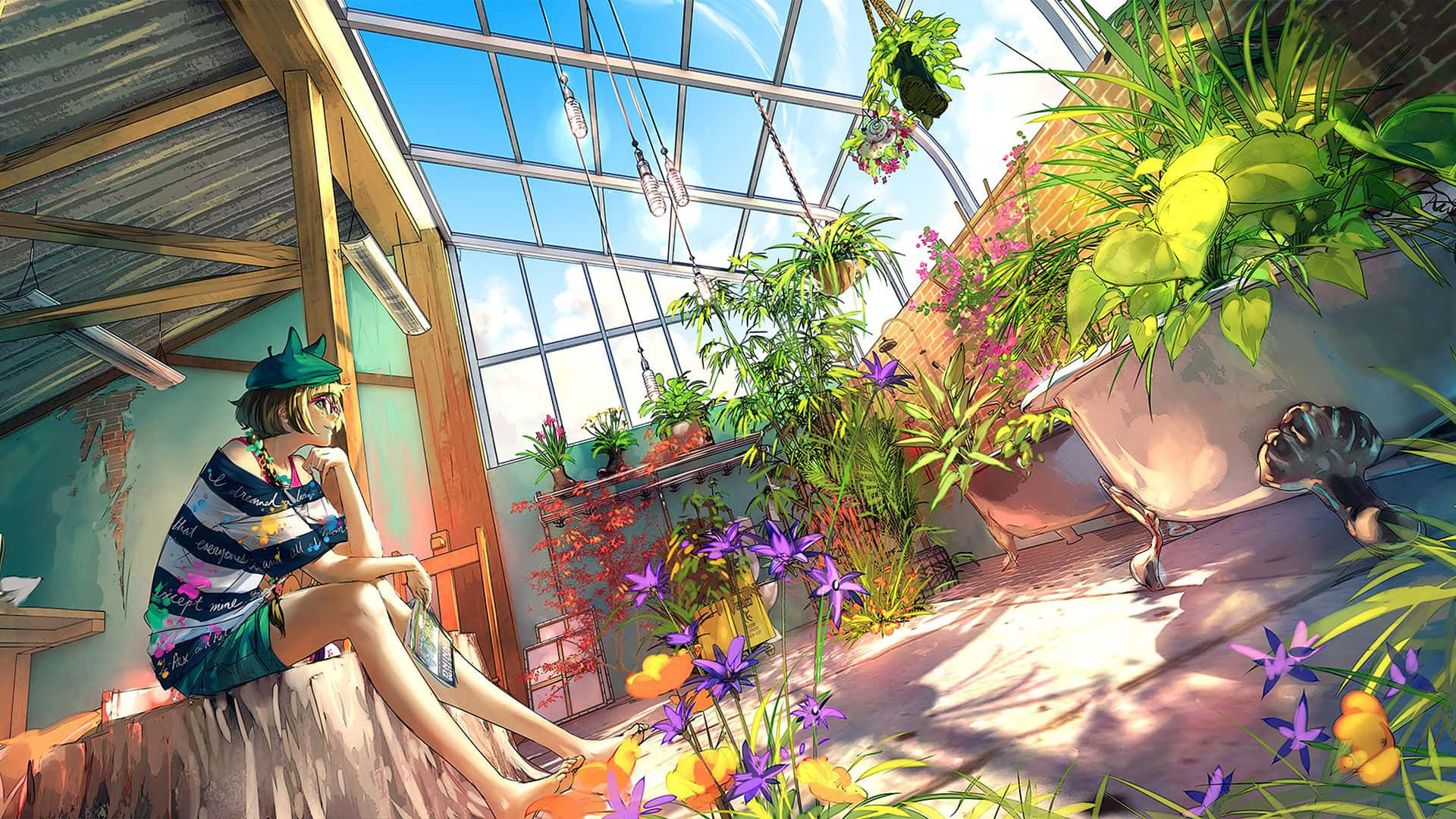 Anime Girl In Sunlit Greenhouse