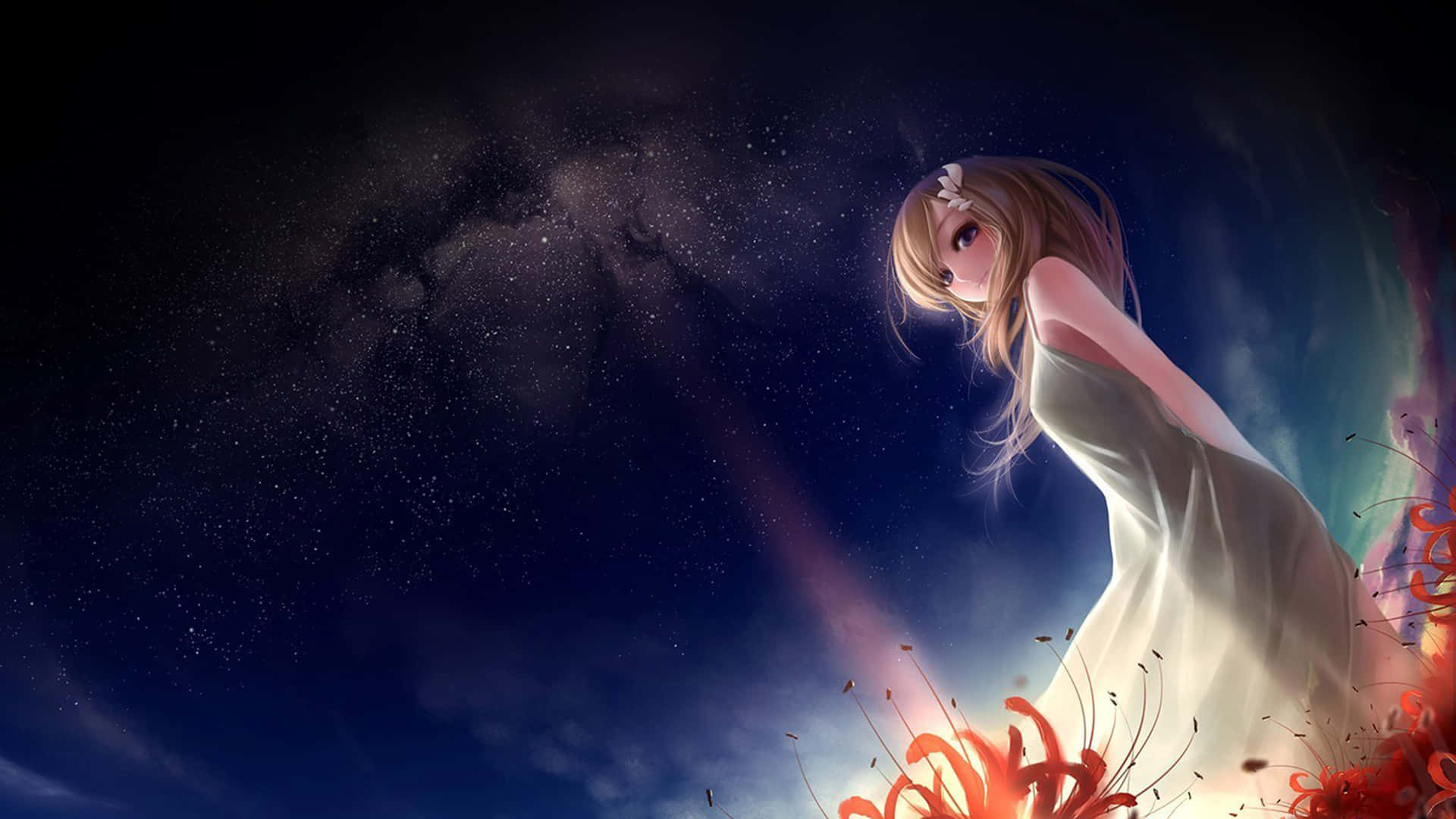 Anime Girl In White Dress Standing In The Sky Background