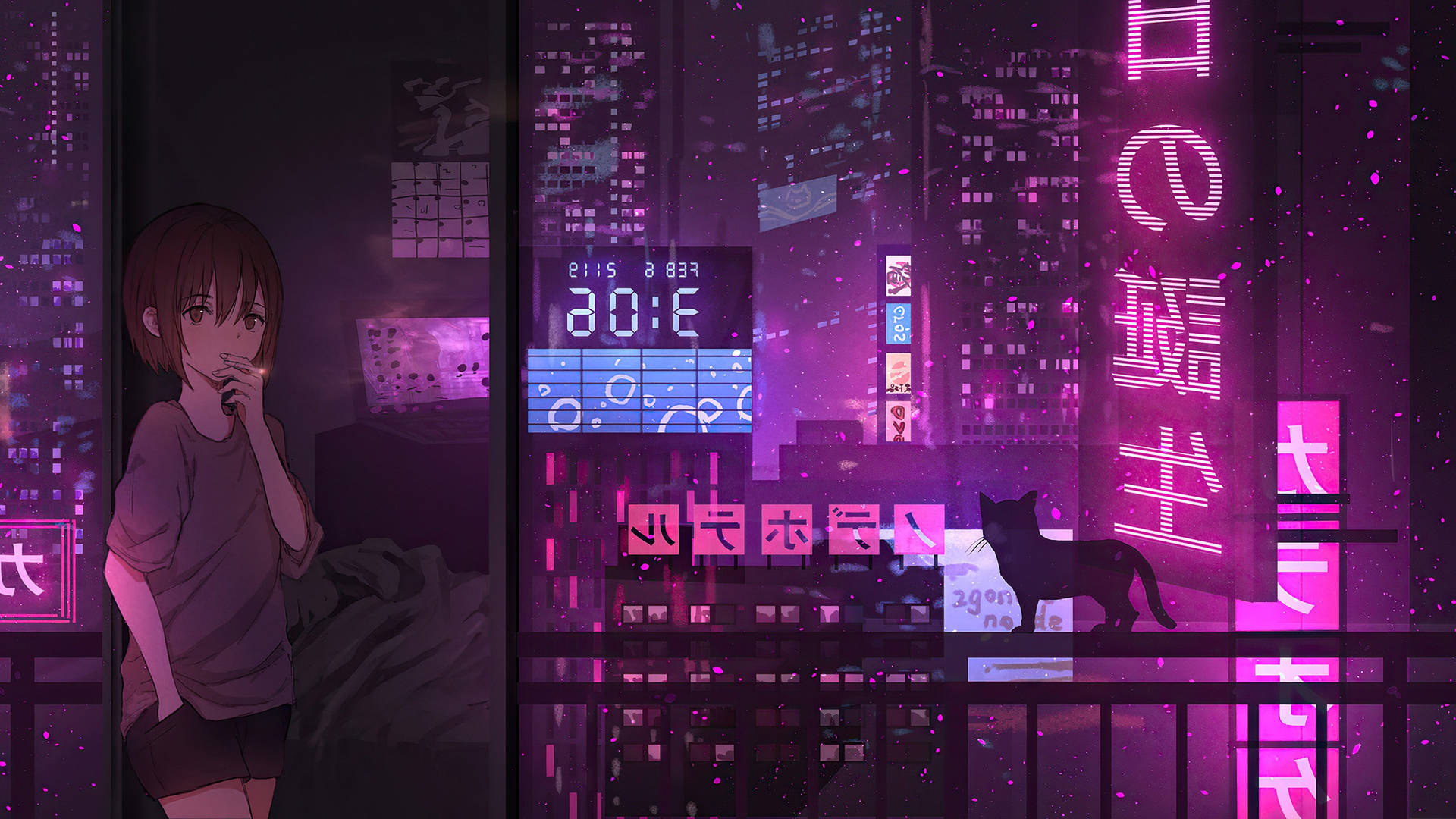 Anime Girl Led Light Building Background