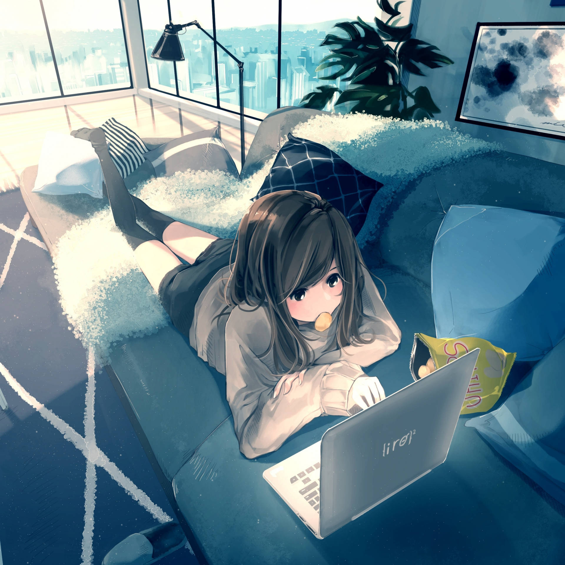 Anime Girl Lies Down Working On Her Laptop Background