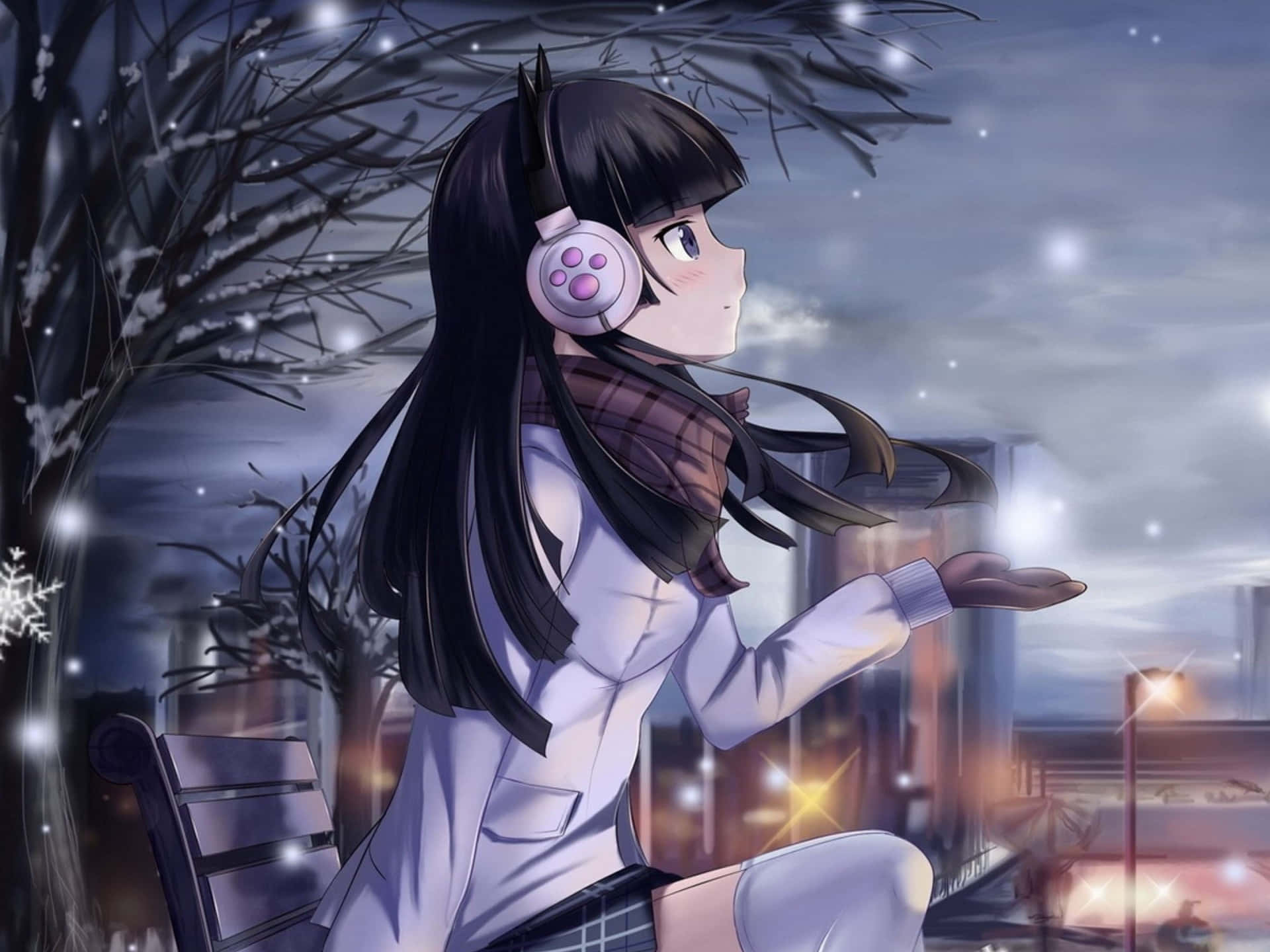 Anime Girl Listeningto Musicin Winter Background