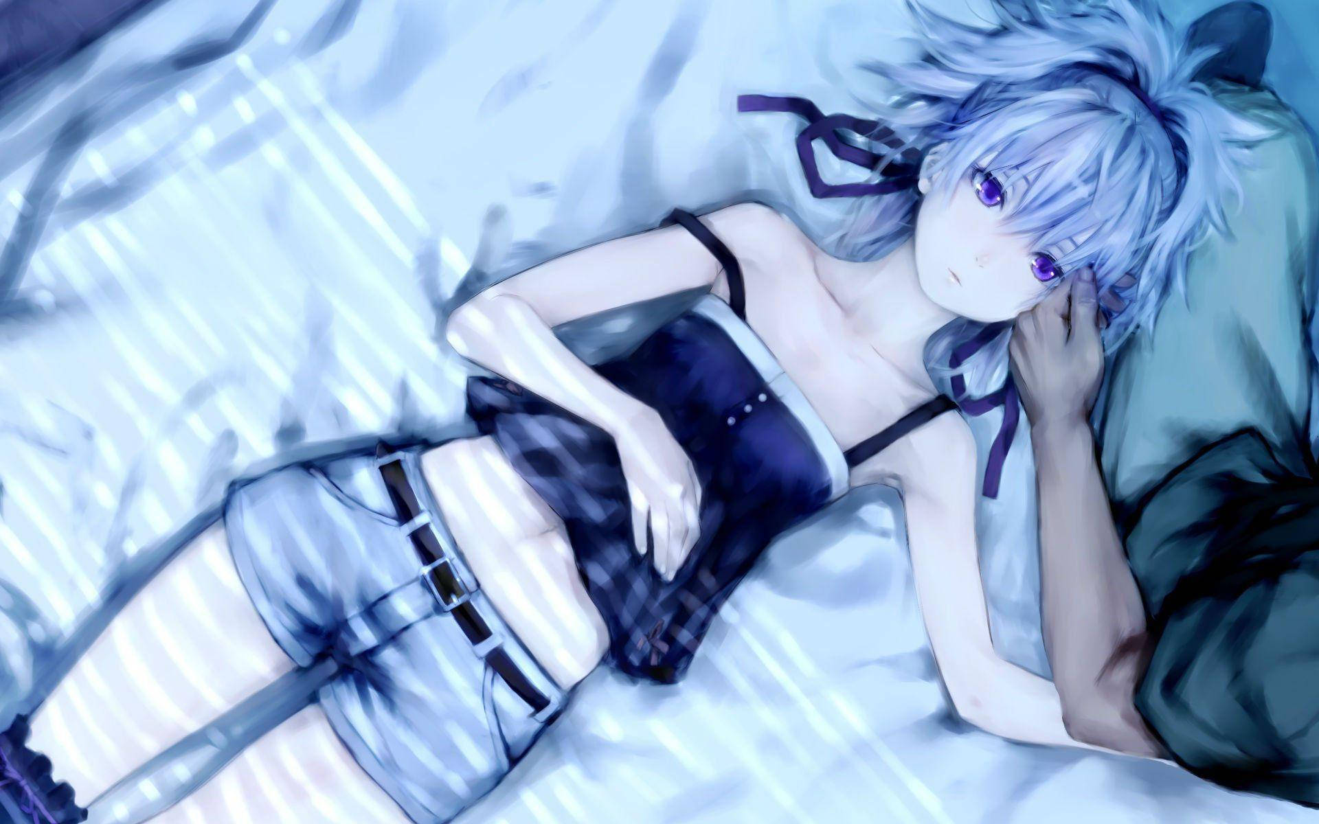 Anime Girl Lyong On Bed Background