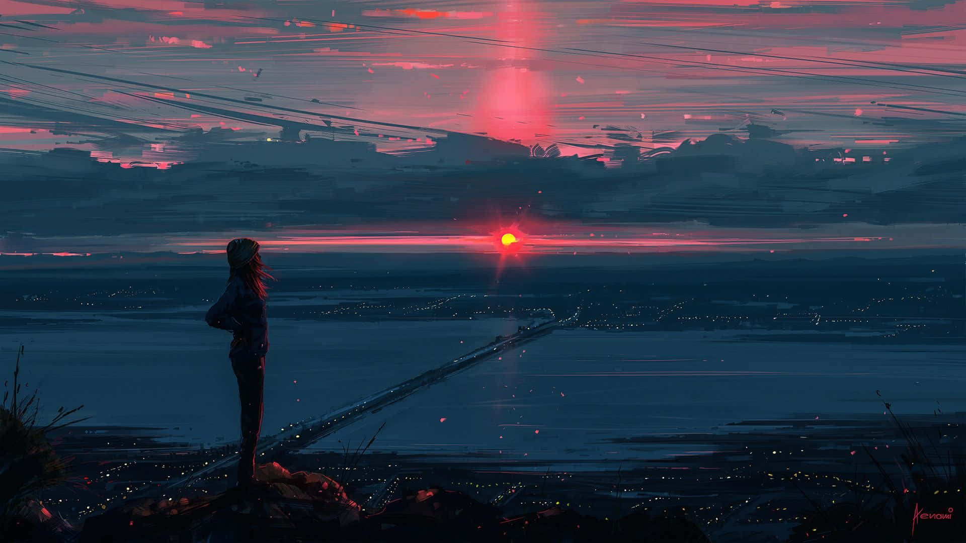 Anime Girl Overlooking Sunset City From Cliff Background