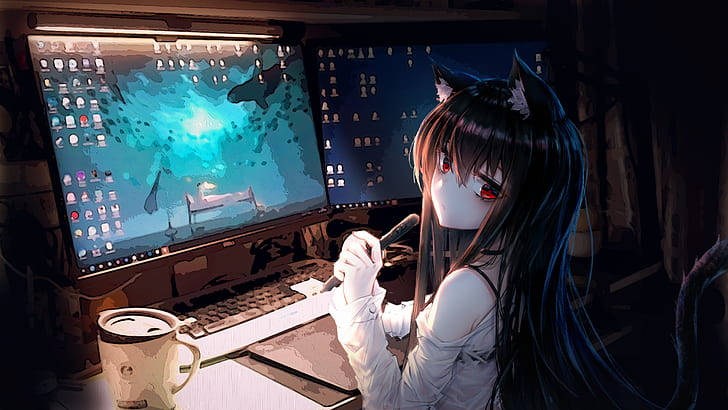 Anime Girl Poses While Holding Laptop Stylus Background