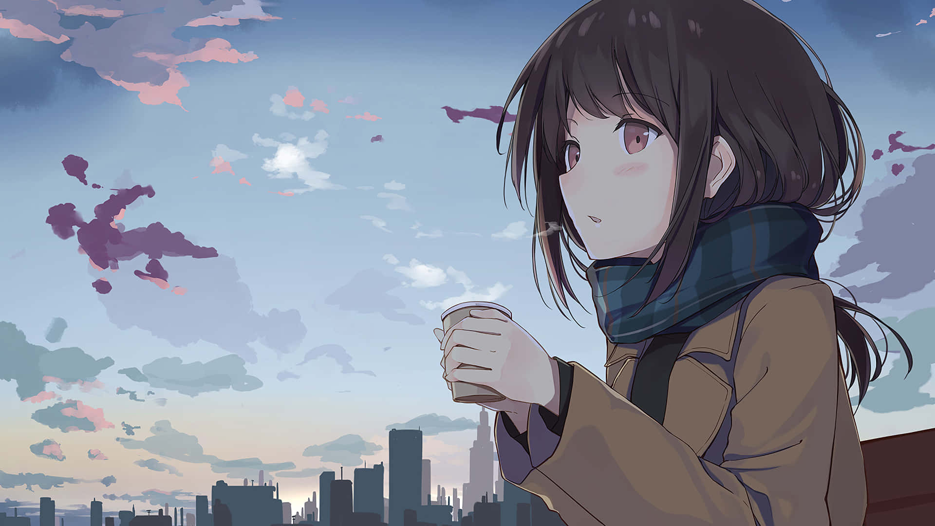 Anime Girl Profile While Drinking Coffee Background