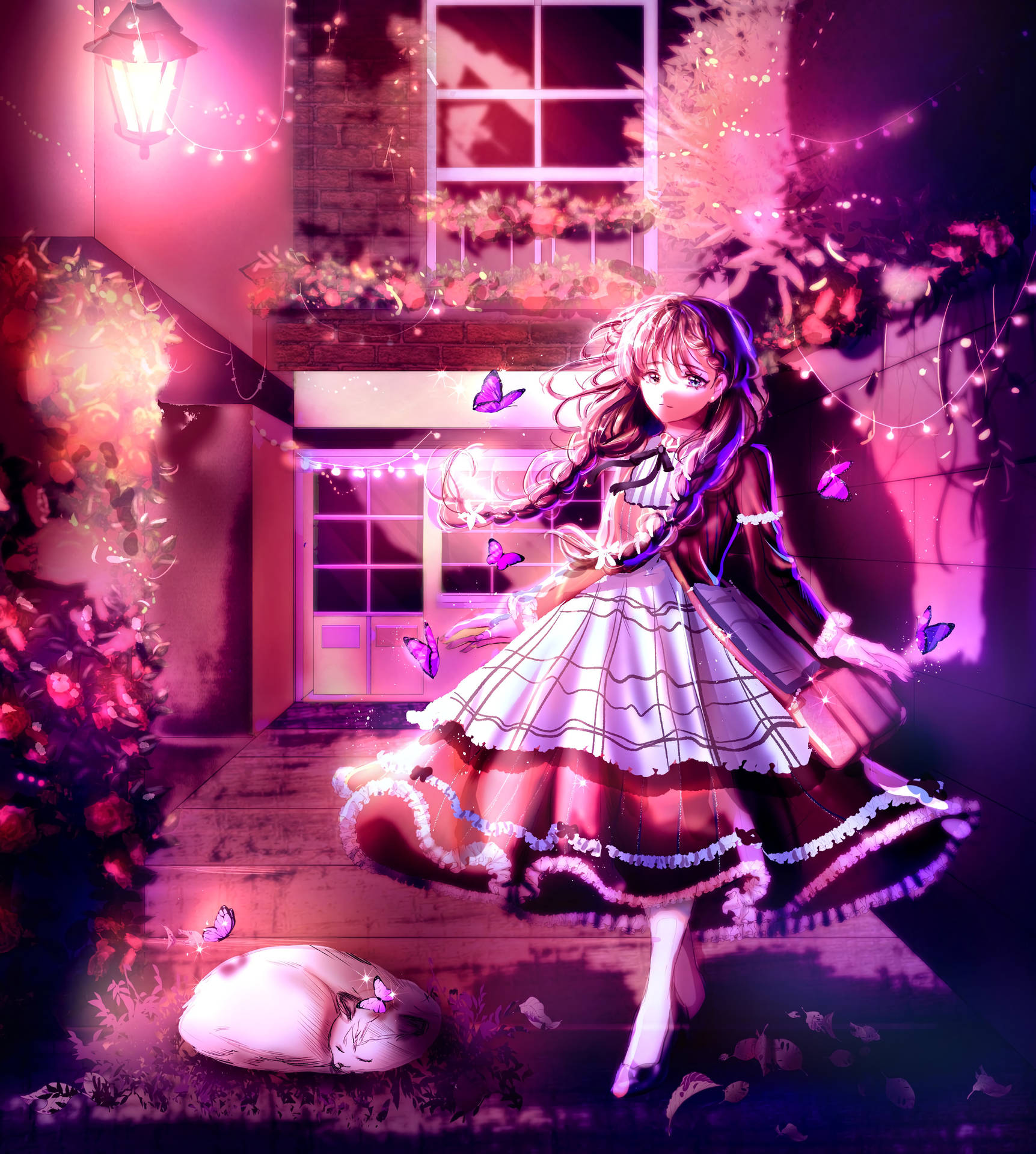 Anime Girl Purple Butterflies Background