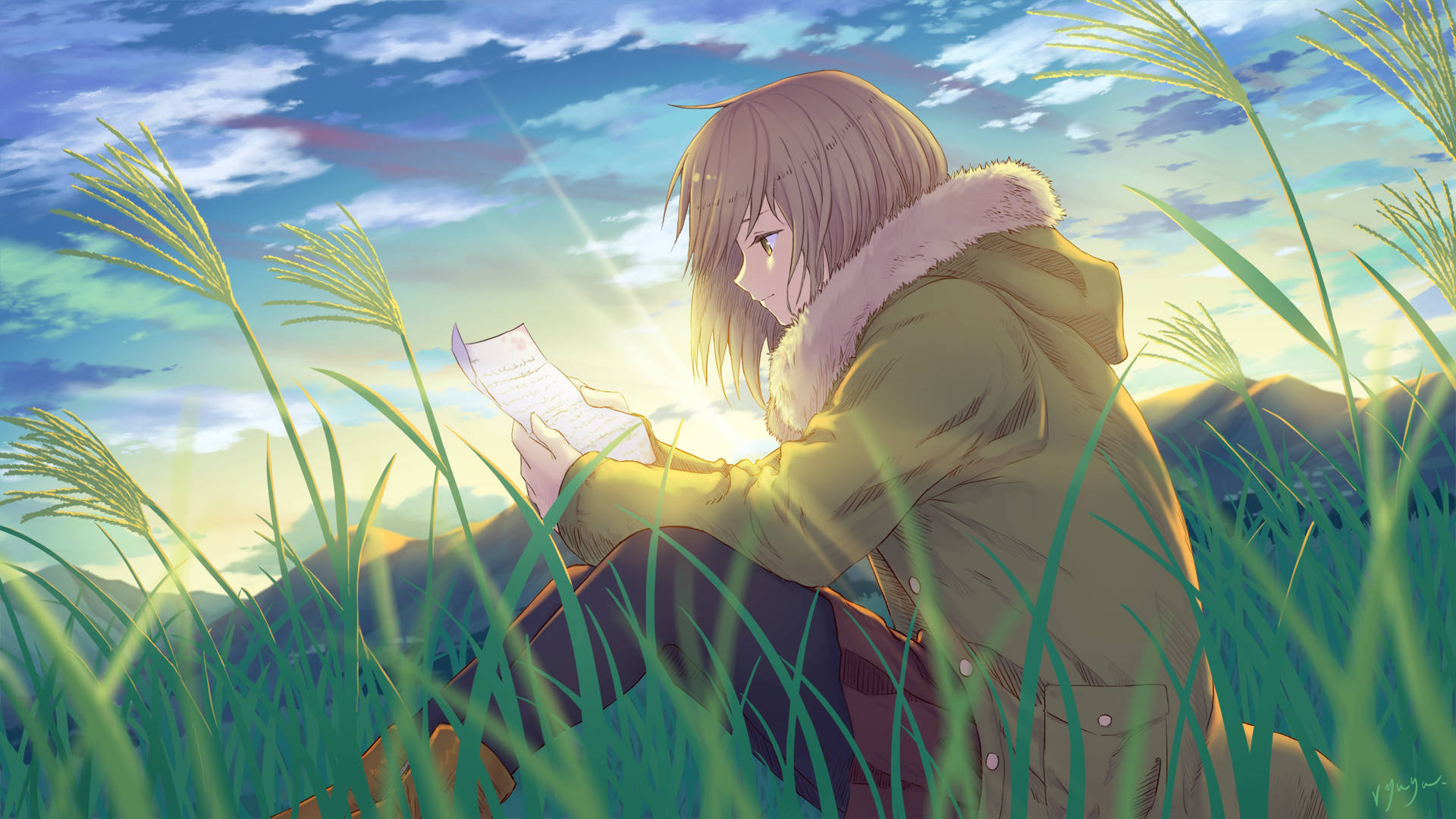 Anime Girl Reading Book In Grass Background