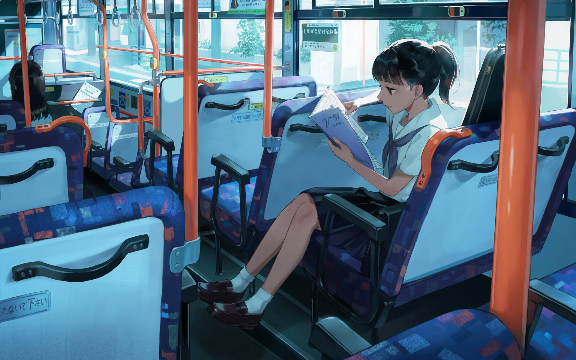 Anime Girl Reading On Bus Background