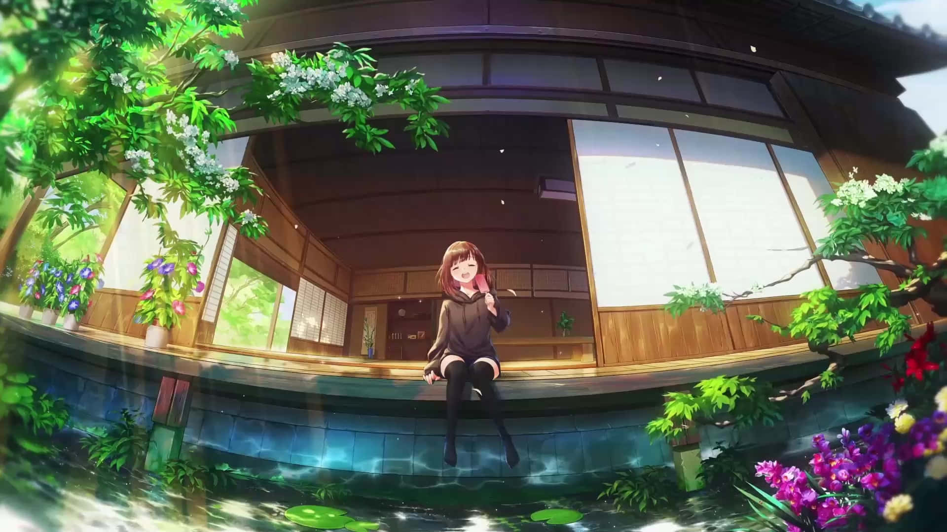 Anime Girl Relaxingby Koi Pond Background