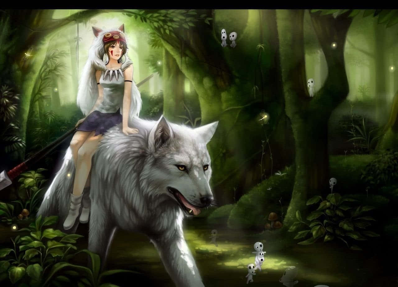 Anime Girl Riding Giant Wolf Fantasy Forest Background