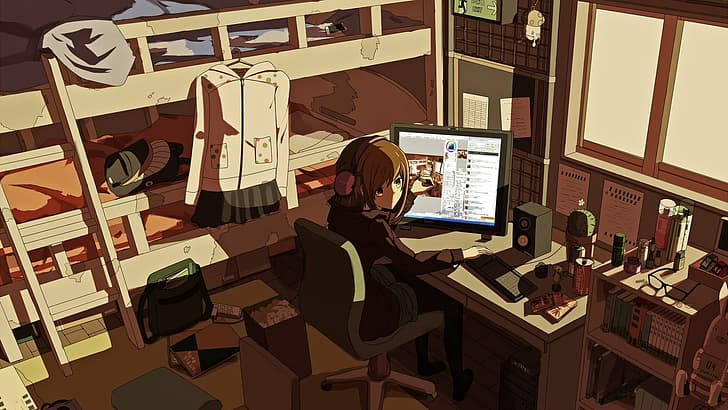 Anime Girl's Laptop Workstation Illuminated By Shadows Background